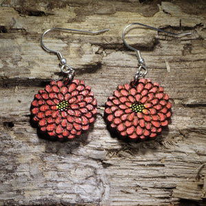 Zinnia Flower Wooden Earrings | Floral Garden Jewelry detail view by Cate's Concepts, LLC