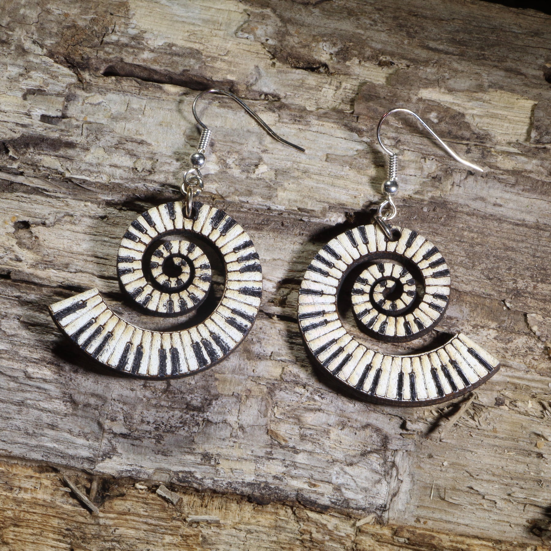 Swirl Piano Keyboard Wooden Dangle Earrings | Music Jewelry detail view by Cate's Concepts, LLC