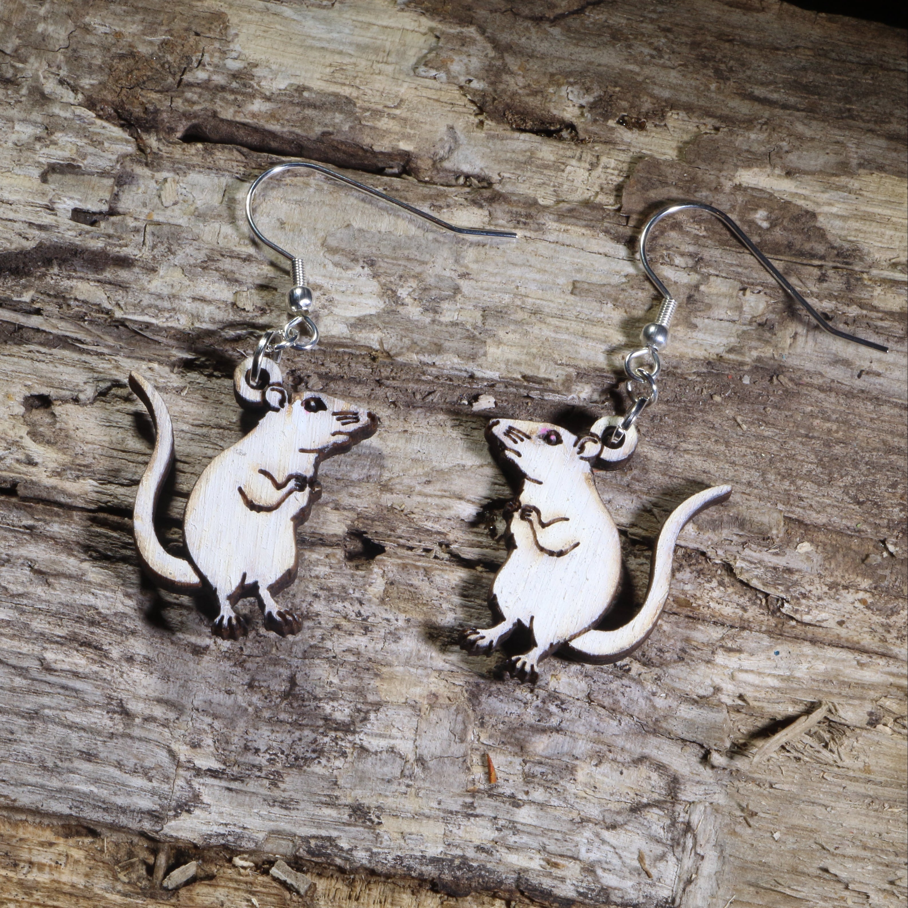White Rat Wooden Dangle Earrings | Pet Rodent Animal Jewelry by Cate's Concepts, LLC