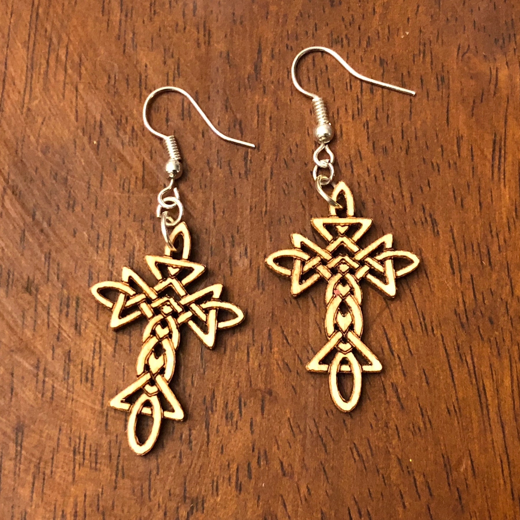 Celtic Knot Cross Wooden Dangle Earrings | Christian Jewelry detail view by Cate's Concepts, LLC