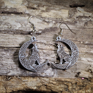 Celtic Wolf Moon Wooden Dangle Earrings | Norse Mythology Jewelry by Cate's Concepts, LLC