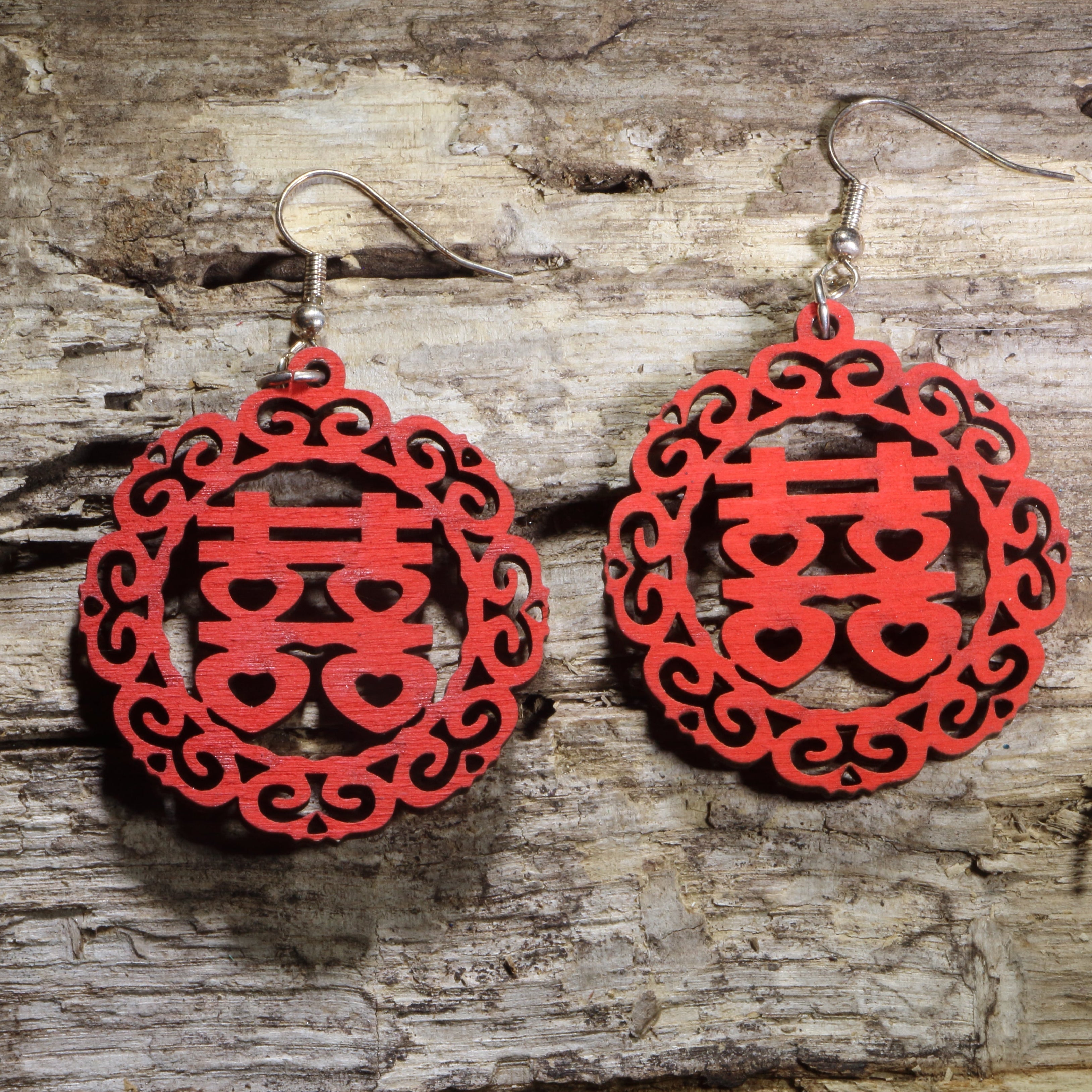 Double Happiness Symbol Wooden Earrings | Chinese Wedding Jewelry by Cate's Concepts, LLC