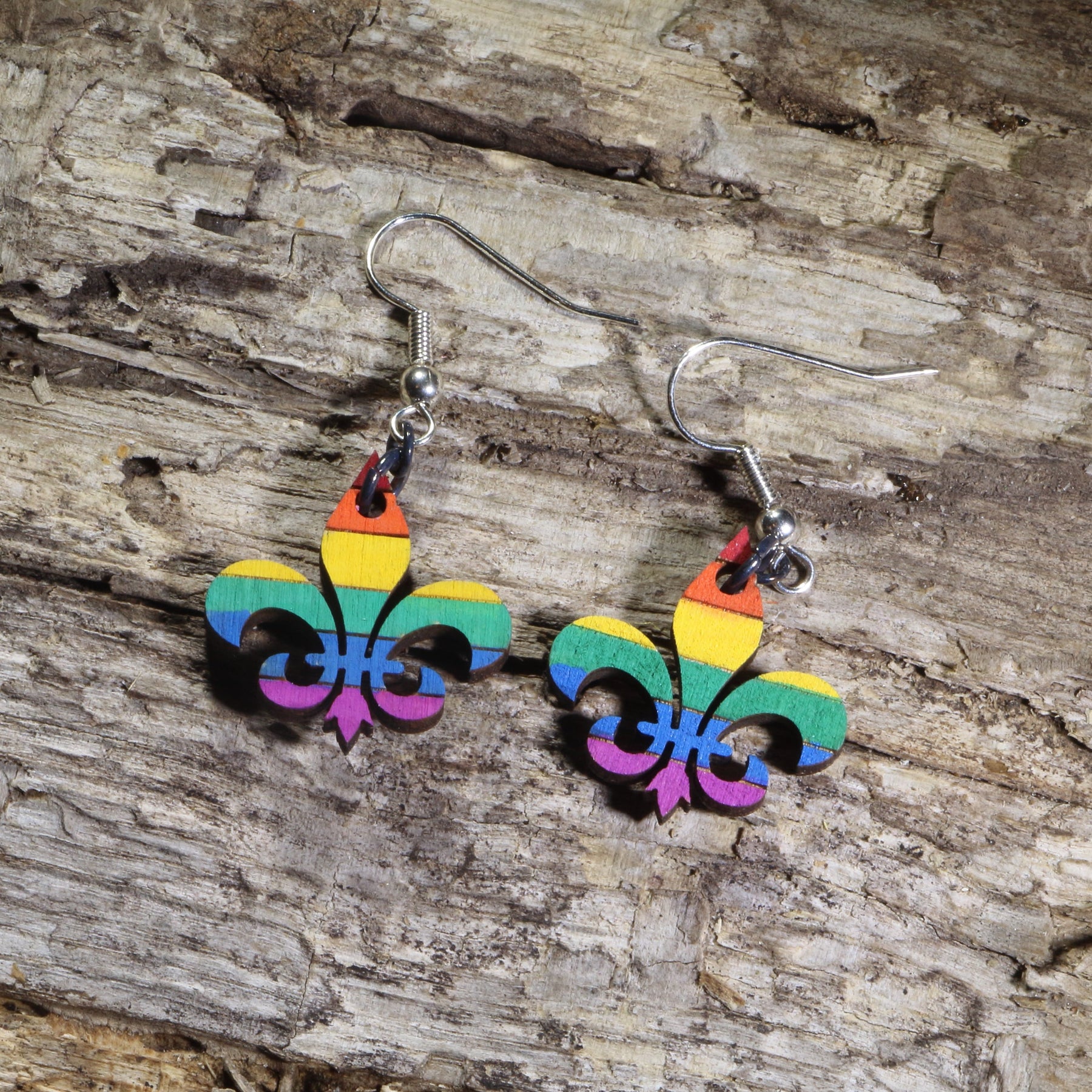 LGBTQ+ Pride Fleur-de-lis Wooden Dangle Earrings | New Orleans Pride Jewelry by Cate's Concepts, LLC