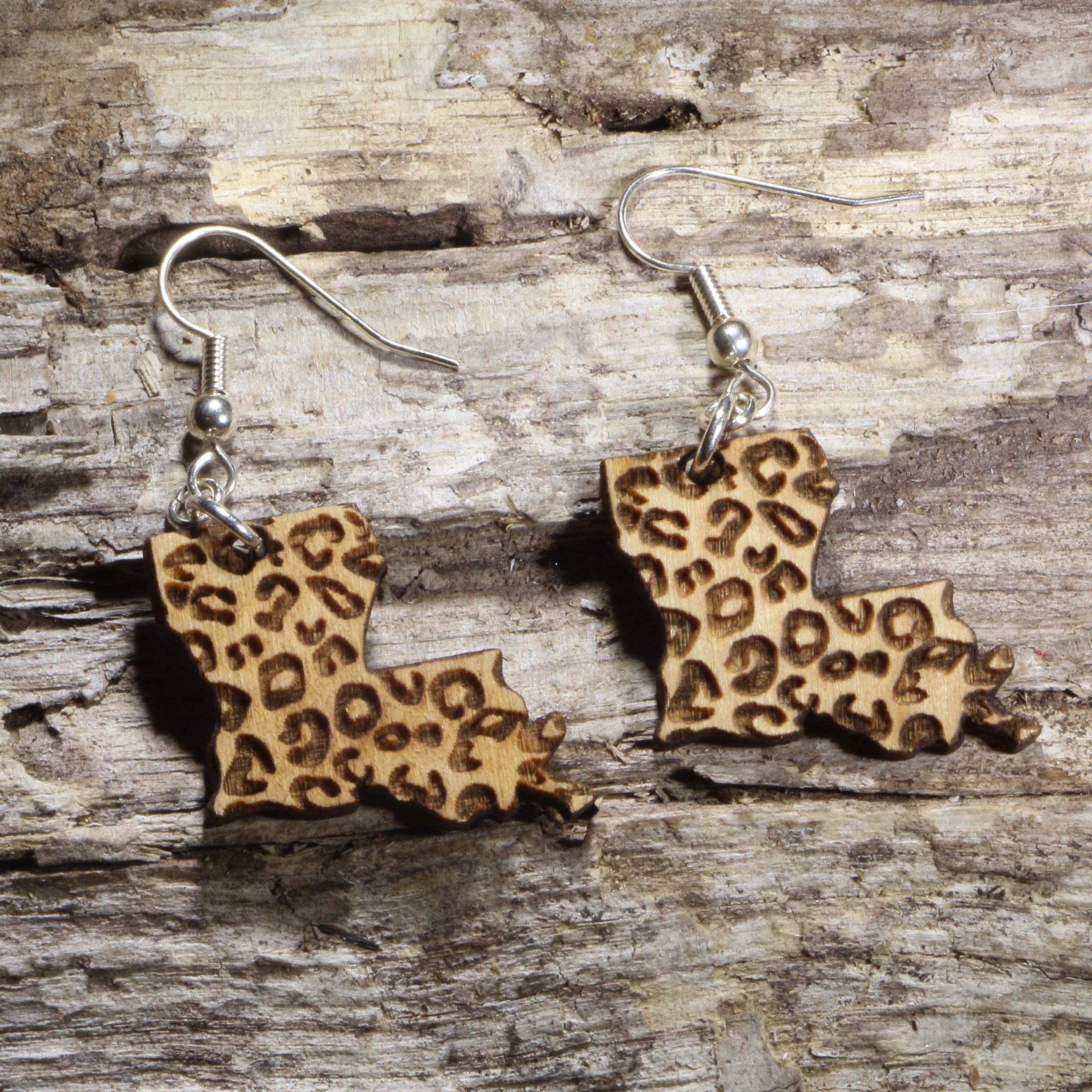 Louisiana State Cheetah Print Wooden Earrings | State Pride Jewelry by Cate's Concepts, LLC