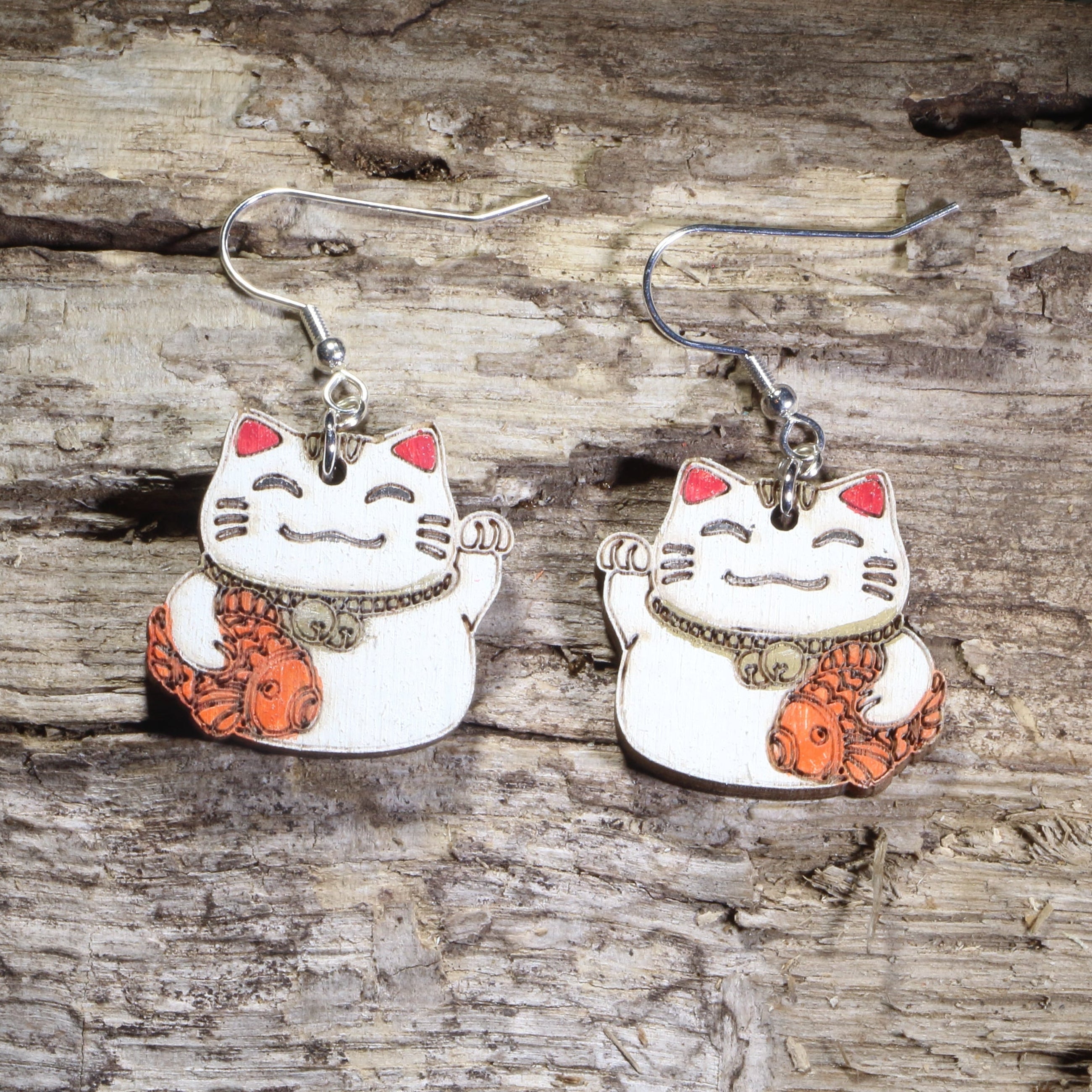 Lucky Cat Wooden Earrings | Maneki Neko Japanese Jewelry by Cate's Concepts, LLC