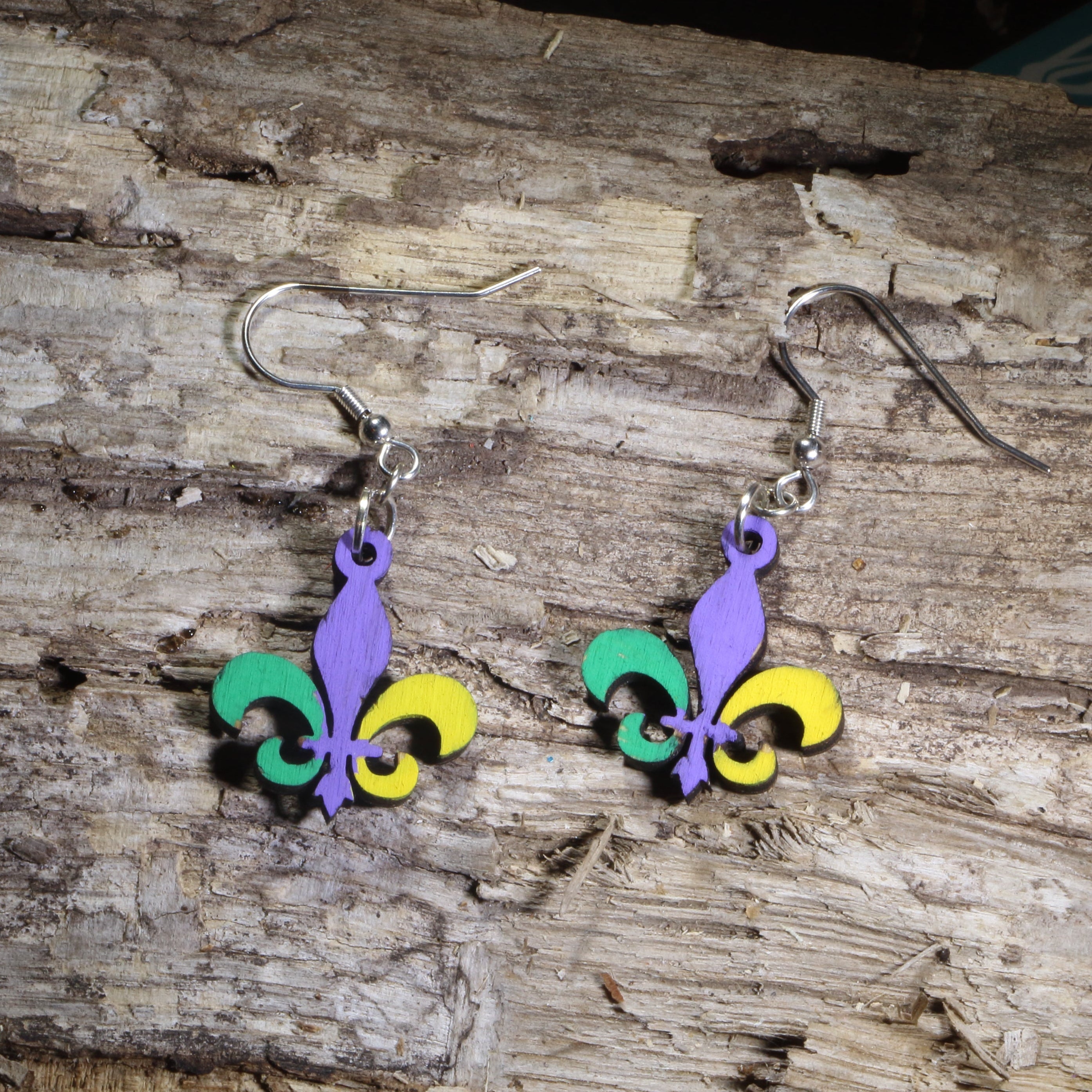 Mardi Gras Fleur-de-lis Wooden Dangle Earrings | New Orleans Jewelry by Cate's Concepts, LLC