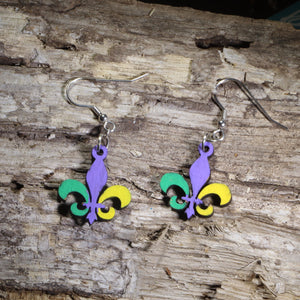 Mardi Gras Fleur-de-lis Wooden Dangle Earrings | New Orleans Jewelry by Cate's Concepts, LLC