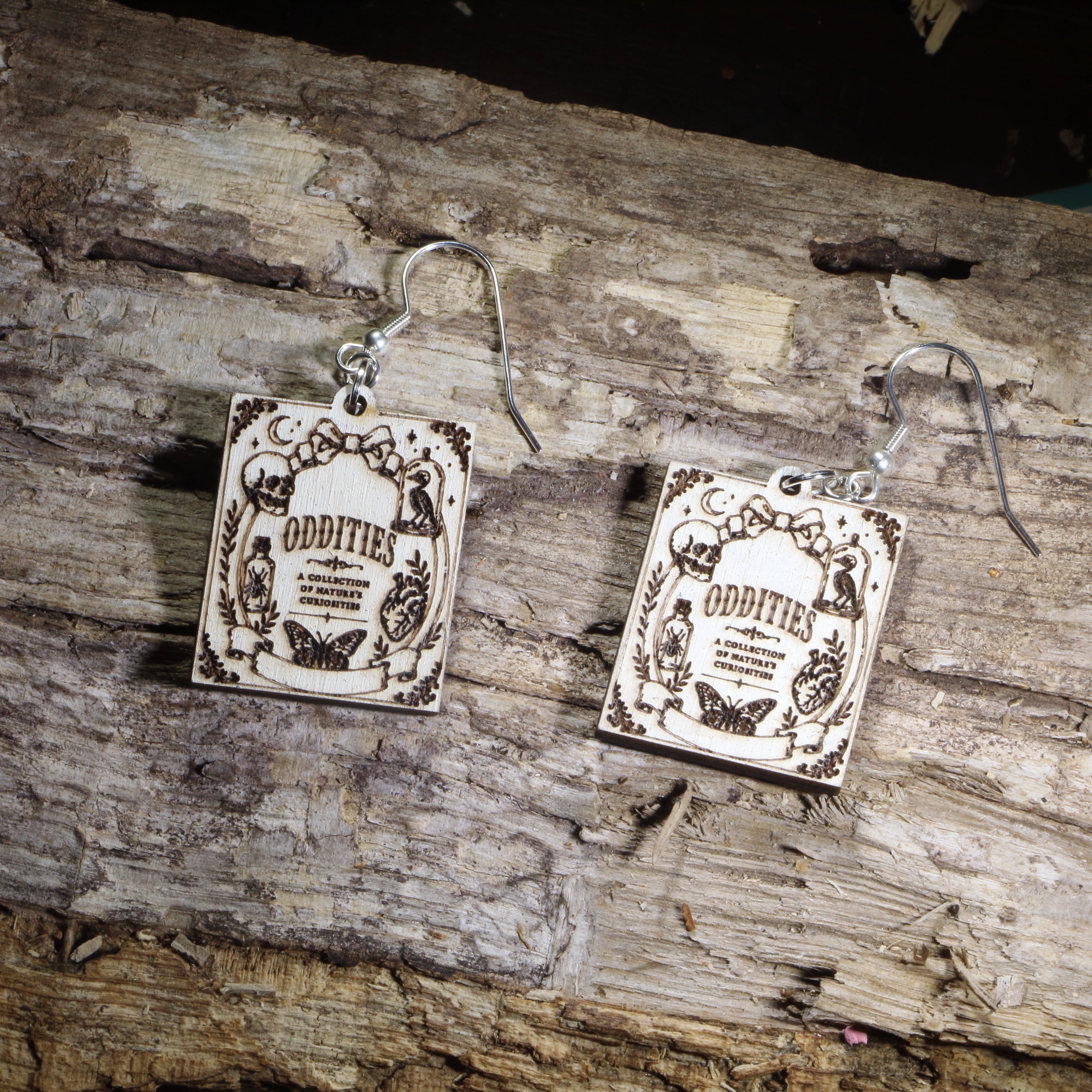 Oddities Book Cover Wooden Dangle Earrings | Gothic Curiosity Jewelry by Cate's Concepts, LLC