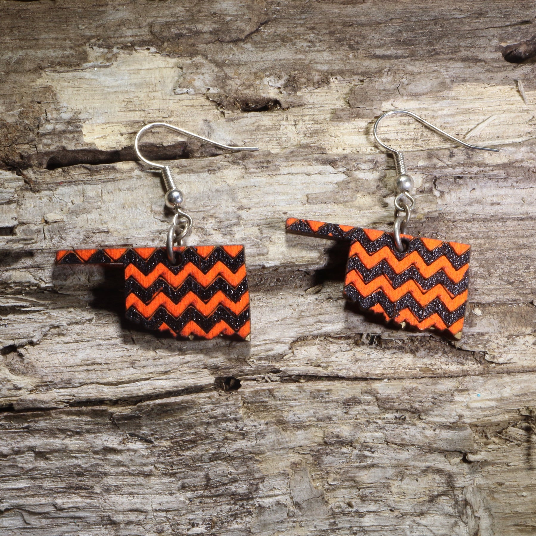 Oklahoma Orange Black Chevron Wooden Dangle Earrings | State Jewelry by Cate's Concepts, LLC