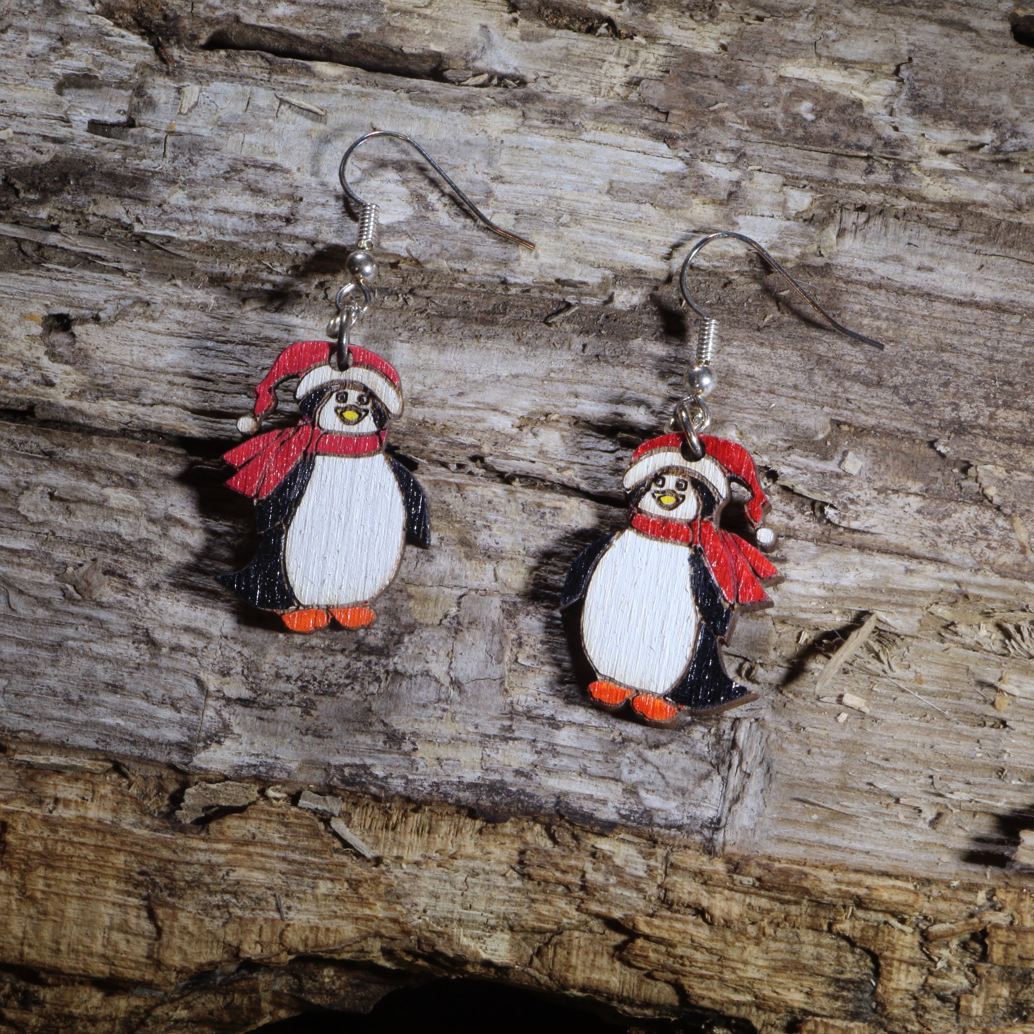 Santa Penguin Wooden Dangle Earrings | Christmas Holiday Jewelry by Cate's Concepts, LLC
