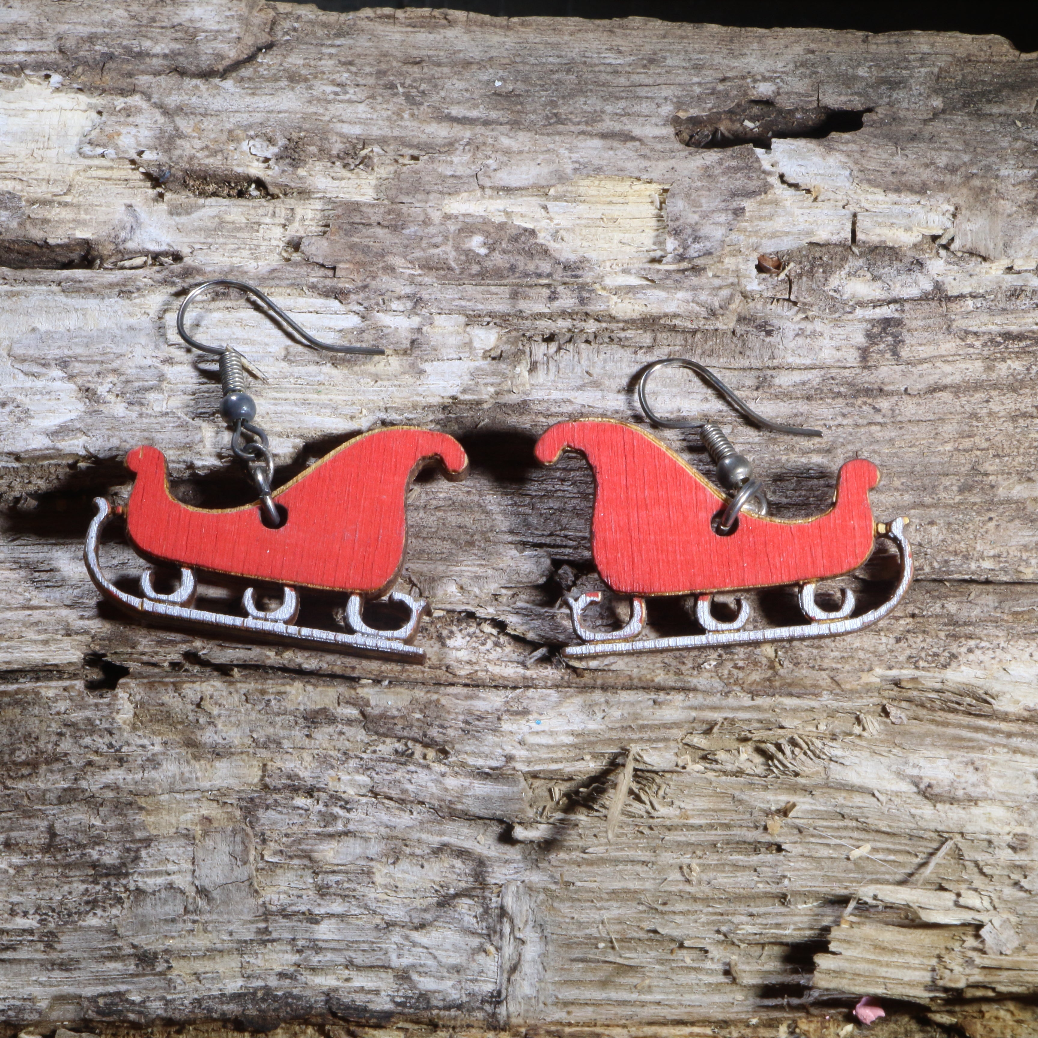Santa's Sleigh Wooden Dangle Earrings | Christmas Holiday Jewelry by Cate's Concepts, LLC