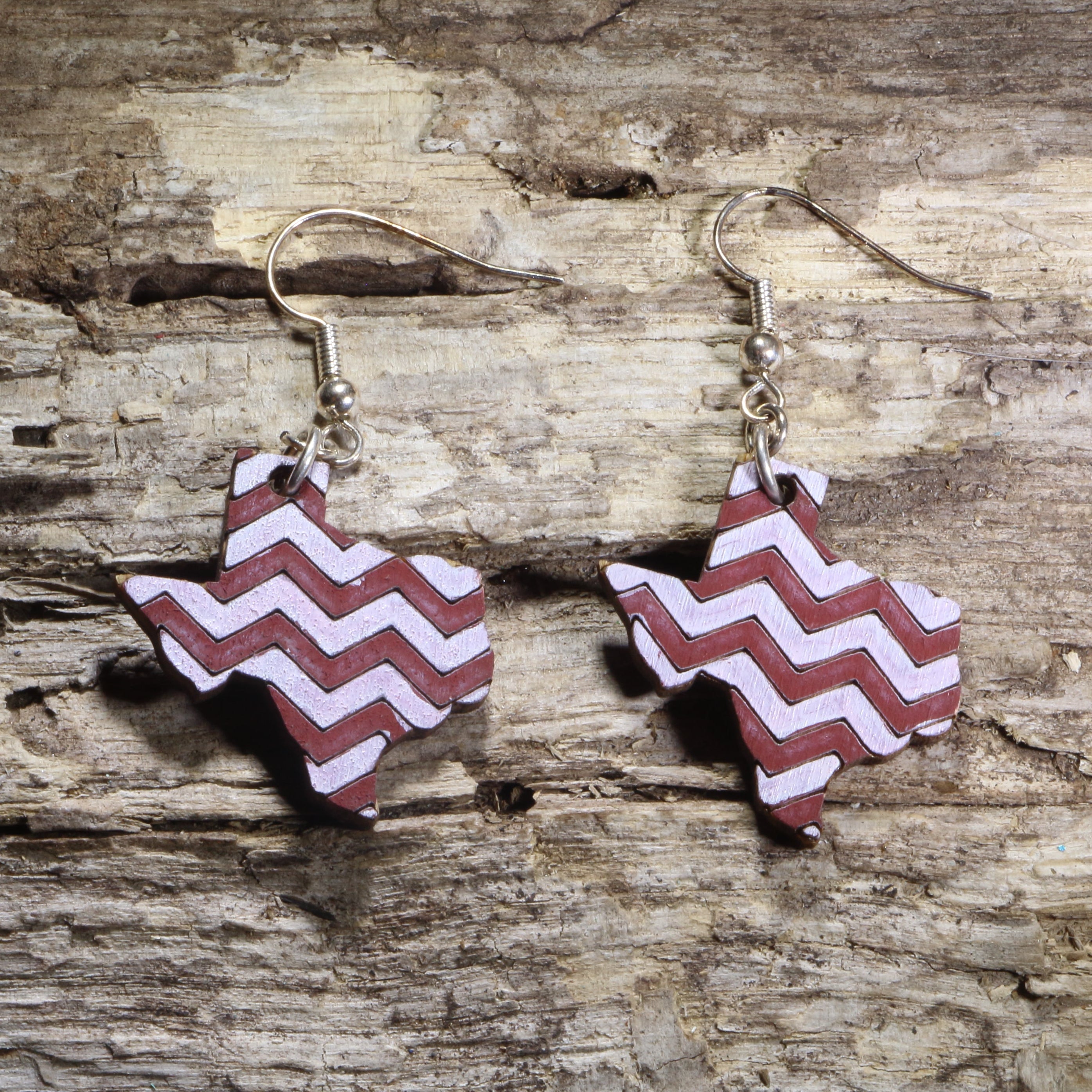 Texas Maroon White Chevron Wooden Dangle Earrings | State Jewelry by Cate's Concepts, LLC