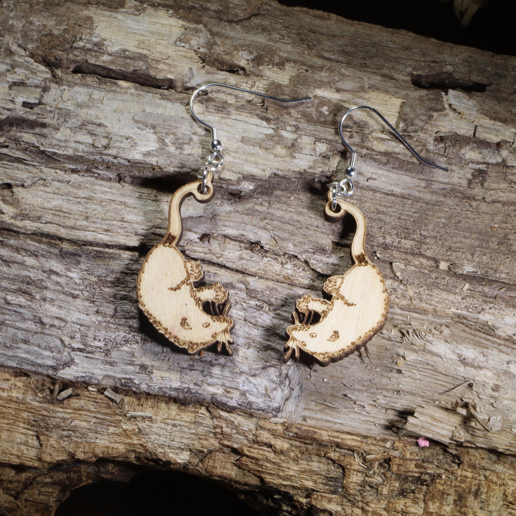 Virginia Opossum Wooden Dangle Earrings | Woodland Animal Gift by Cate's Concepts, LLC