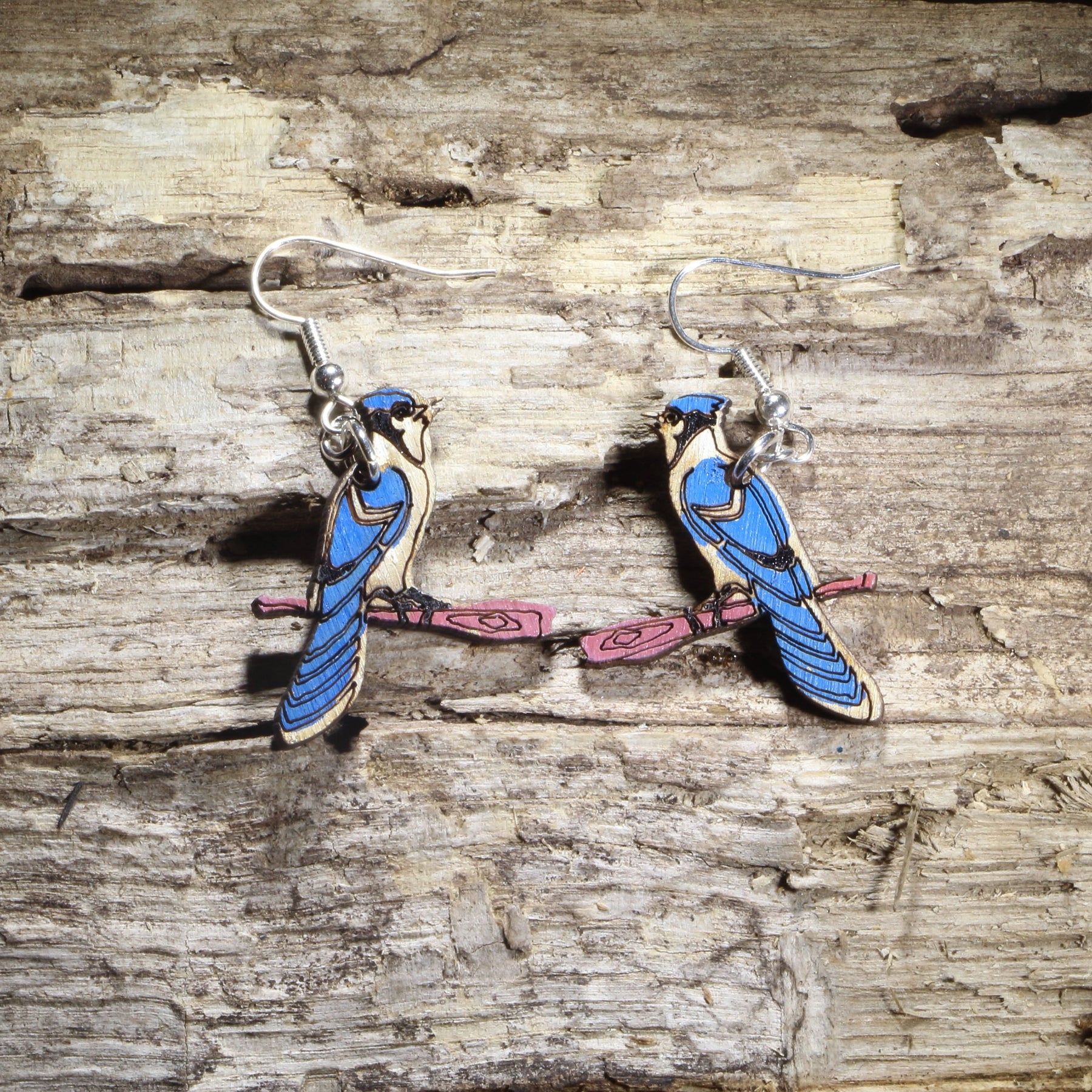 Blue Jay Wooden Dangle Earrings | Realistic Bird Jewelry by Cate's Concepts, LLC