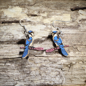 Blue Jay Wooden Dangle Earrings | Realistic Bird Jewelry by Cate's Concepts, LLC