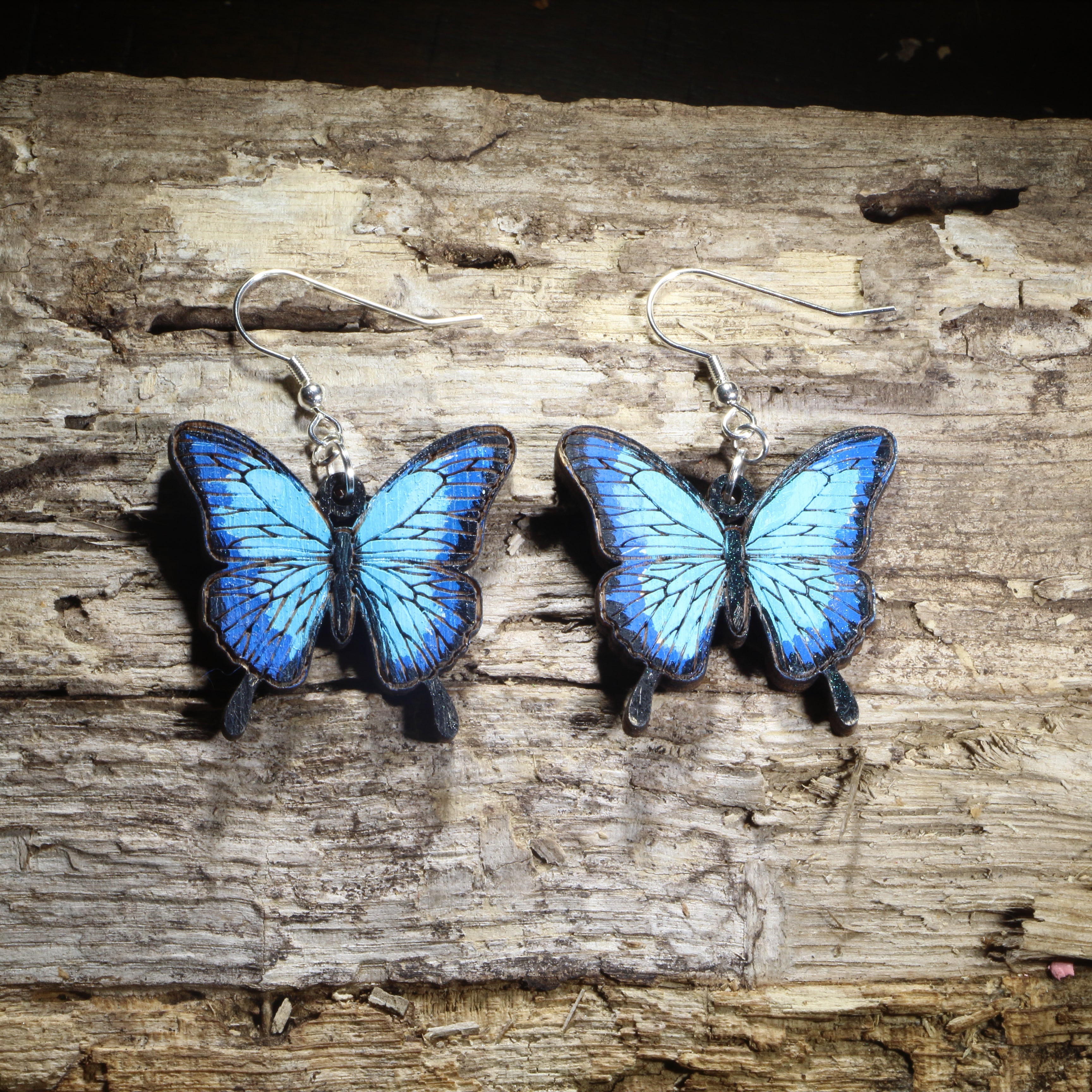 Blue Morpho Butterfly Wooden Earrings | Tropical Insect Jewelry by Cate's Concepts, LLC