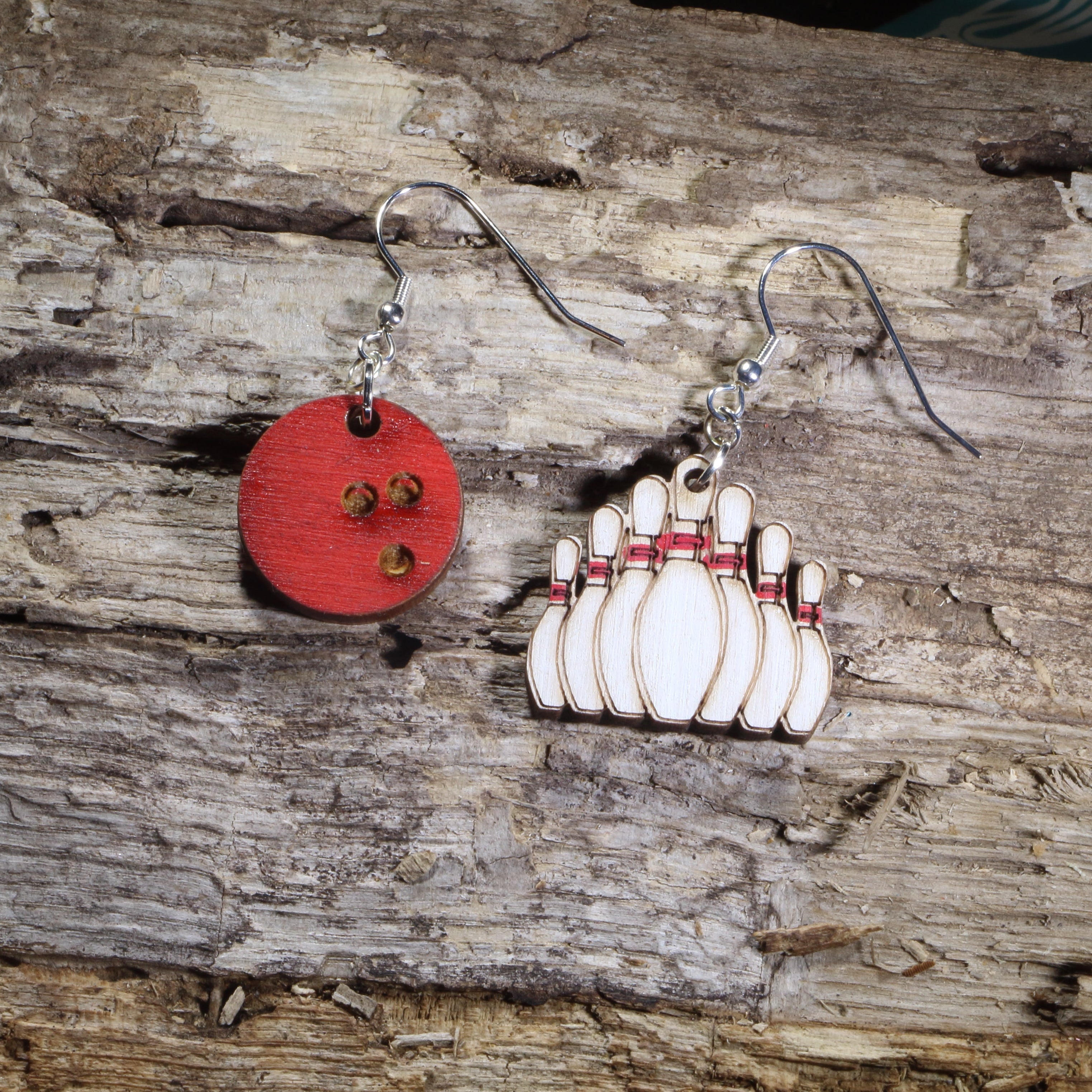 Bowling Ball and Pin Wooden Dangle Earrings | Bowling Jewelry by Cate's Concepts, LLC
