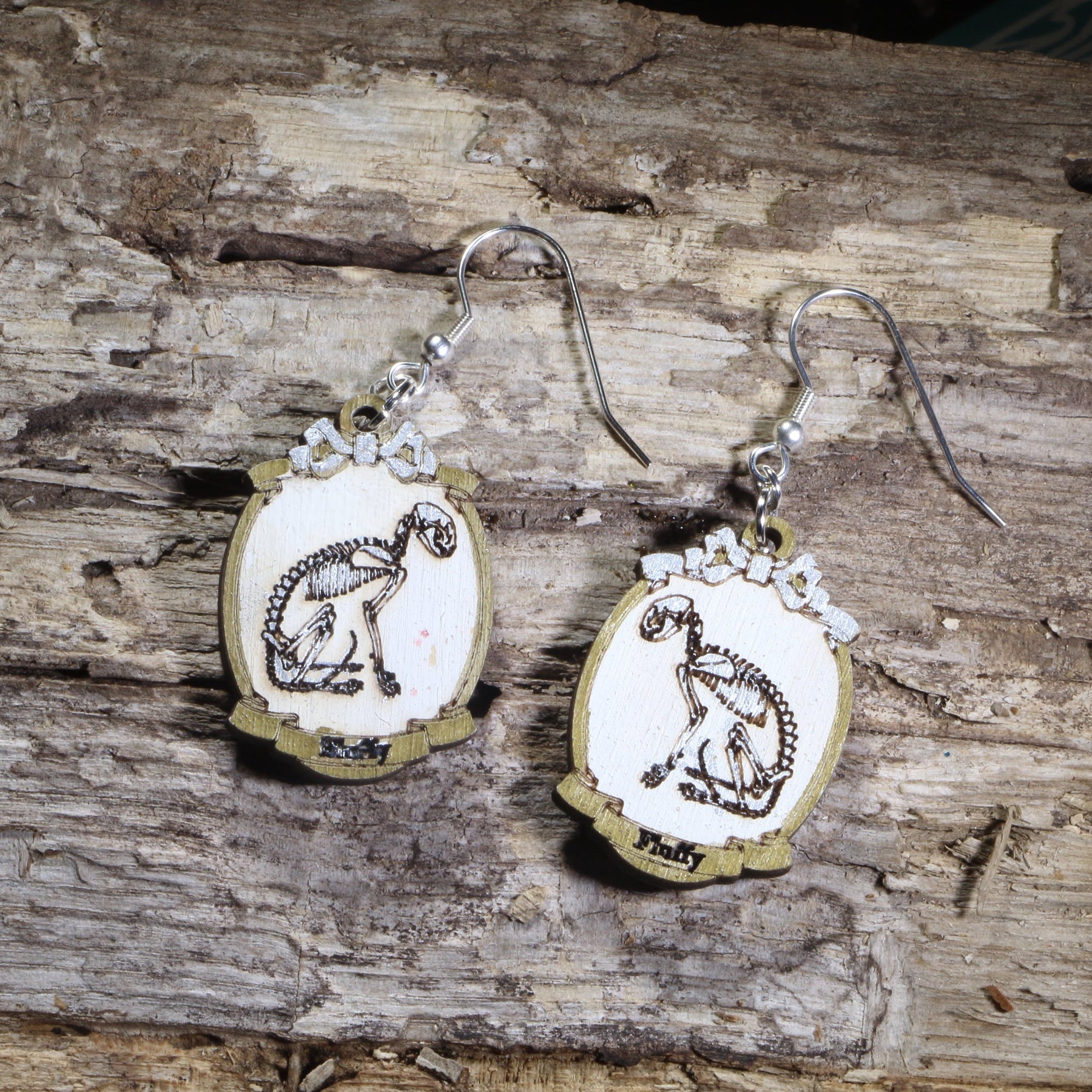 Cat Skeleton Cameo Wooden Dangle Earrings | Gothic Jewelry by Cate's Concepts, LLC