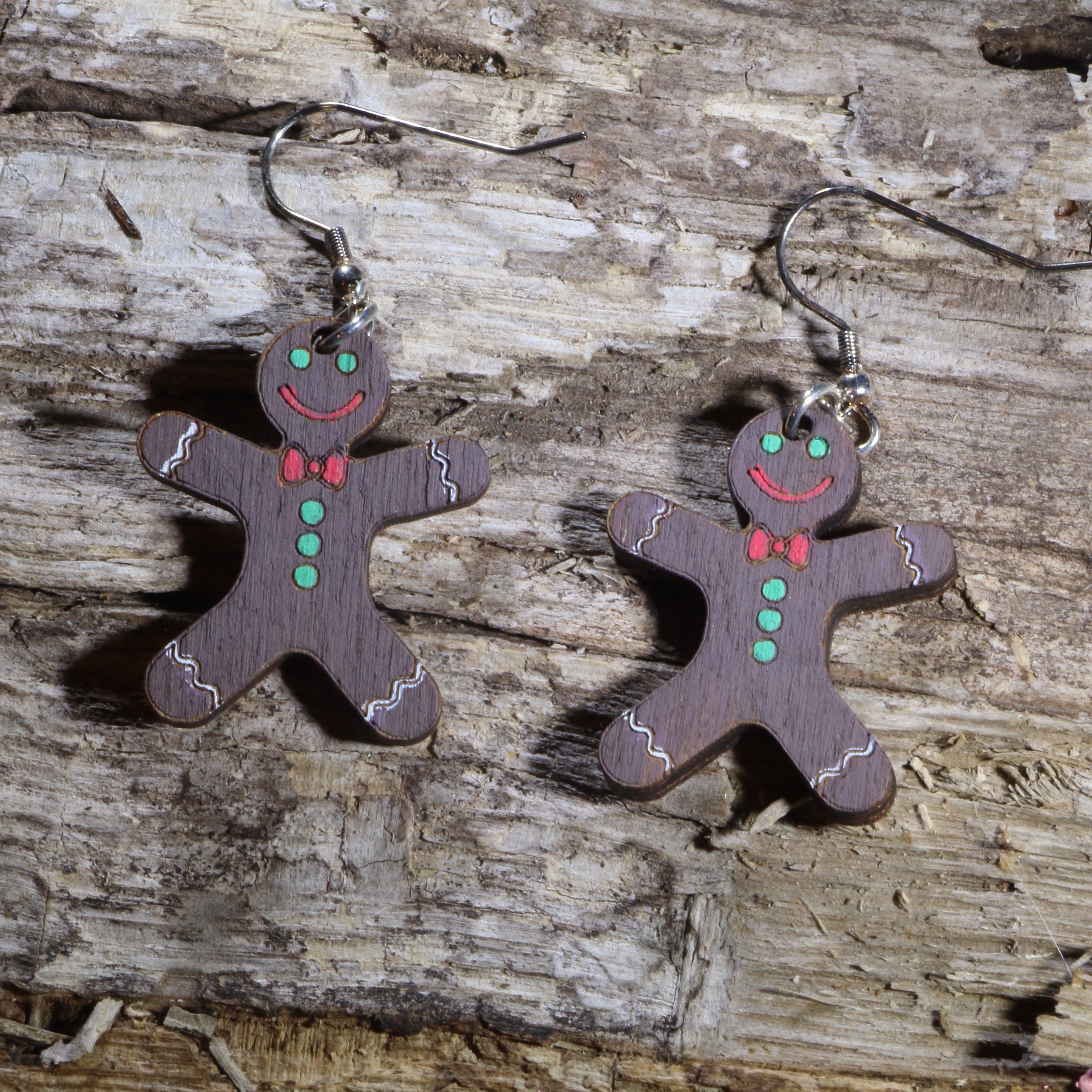 Chocolate Gingerbread Man Wooden Dangle Earrings | Christmas Holiday Jewelry by Cate's Concepts, LLC