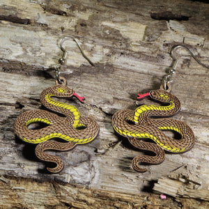 Green Snake Wooden Dangle Earrings | Reptile Nature Jewelry detail view by Cate's Concepts, LLC