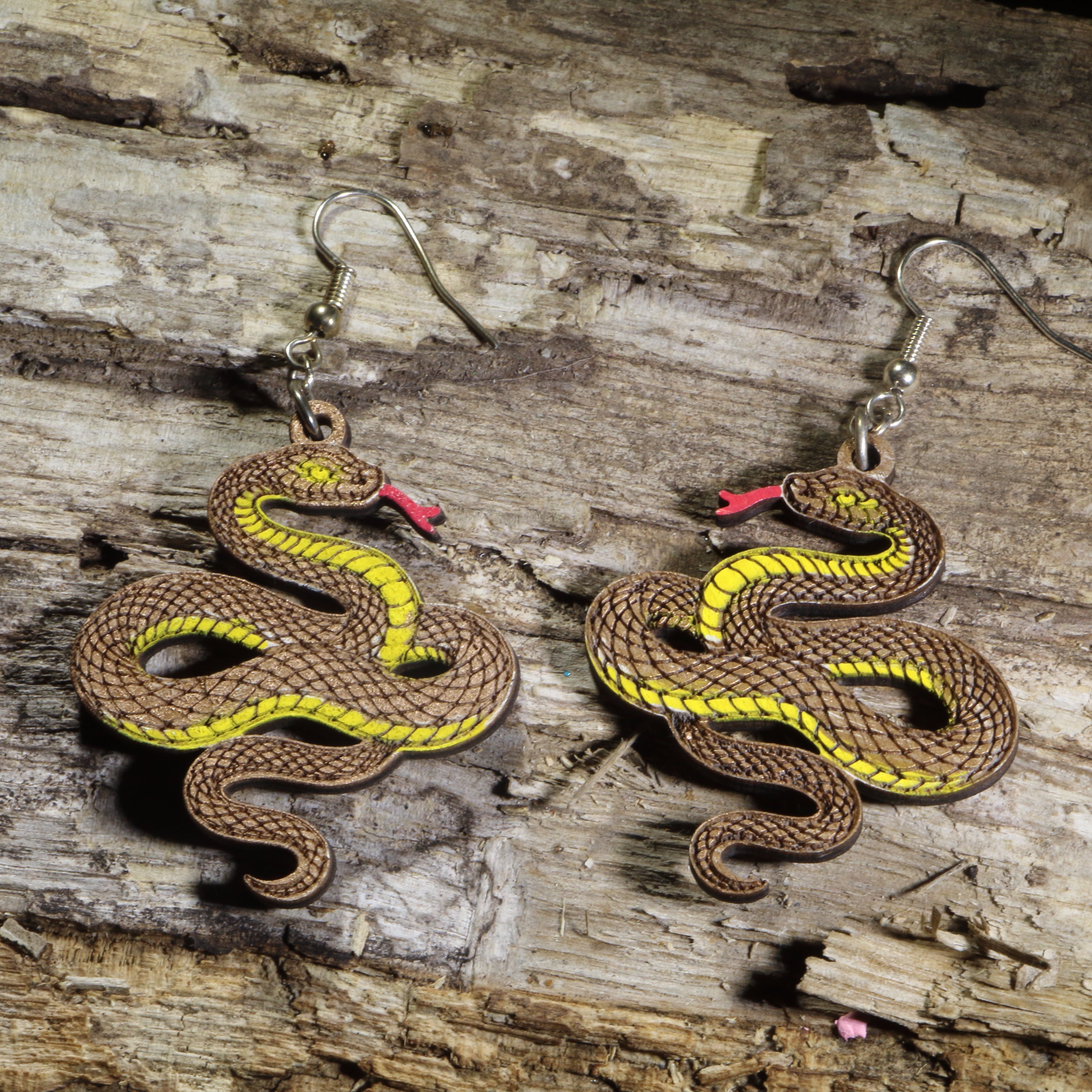 Green Snake Wooden Dangle Earrings | Reptile Nature Jewelry detail view by Cate's Concepts, LLC
