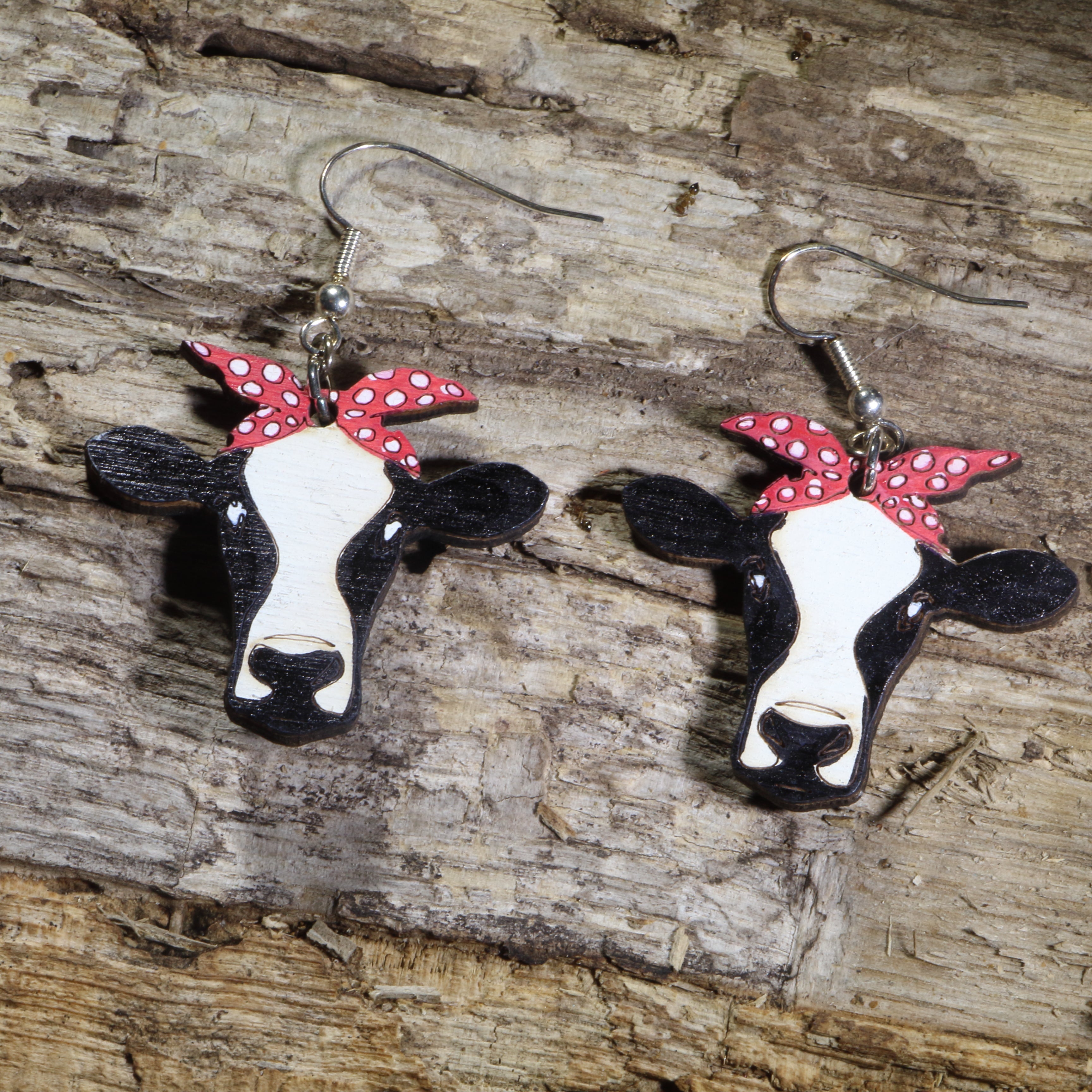 Cow with Scarf Wooden Earrings | Cute Farm Animal Jewelry by Cate's Concepts, LLC