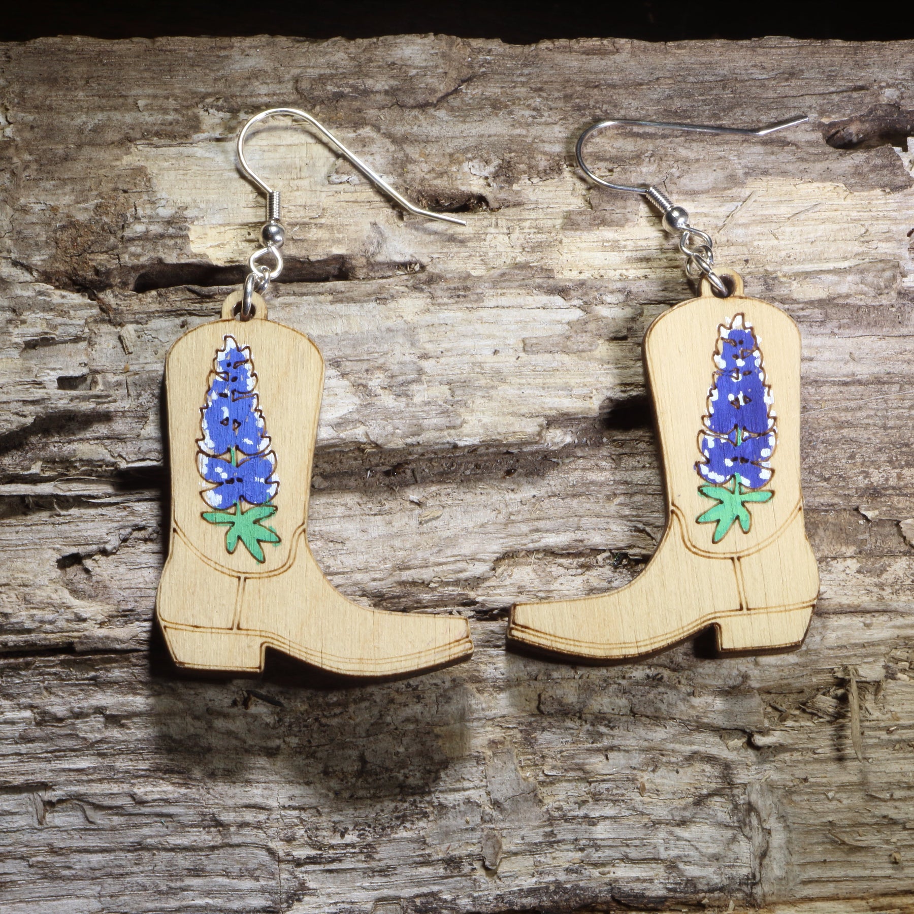 Bluebonnet Cowboy Boot Wooden Earrings | Texas Wildflower Jewelry by Cate's Concepts, LLC