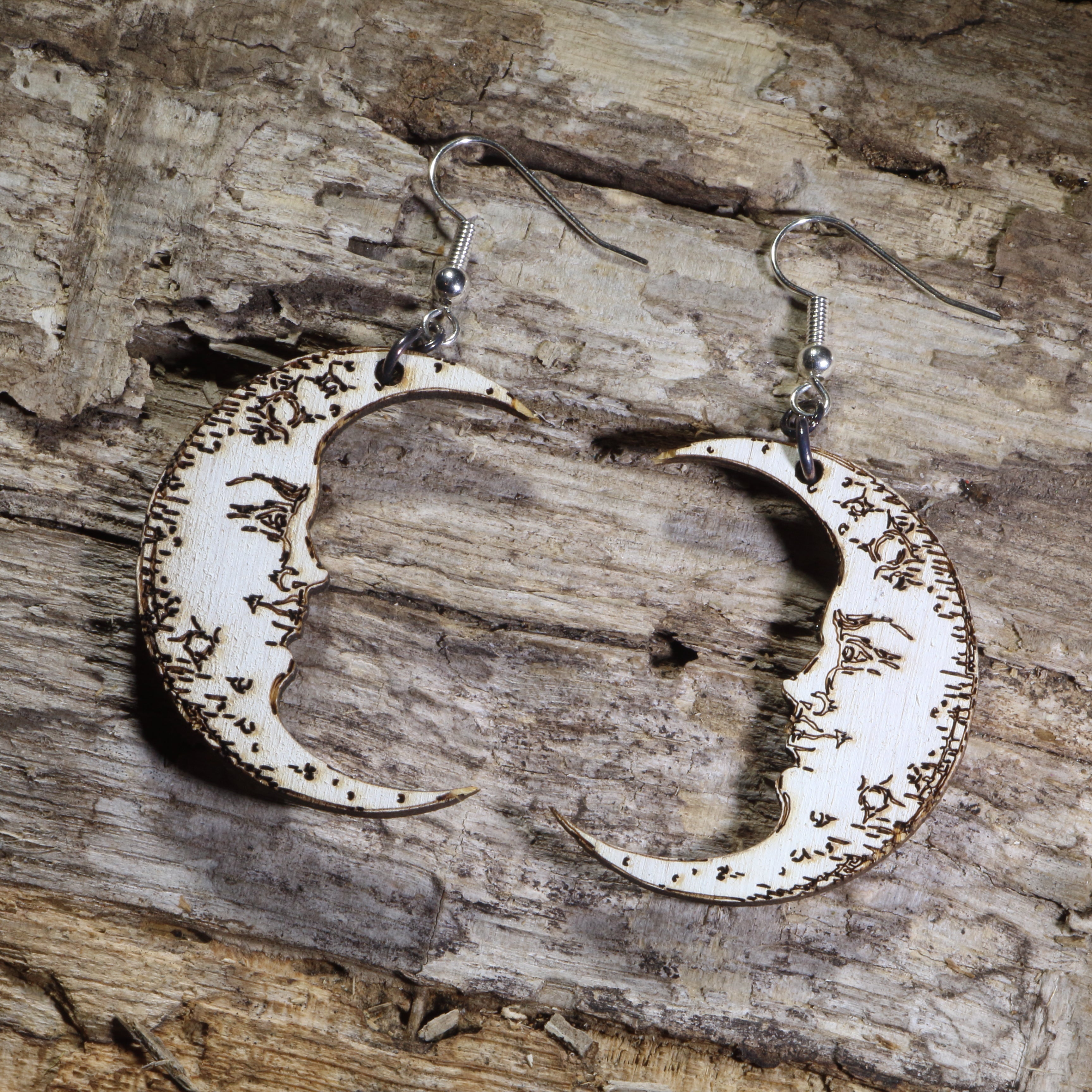 Crescent Moon Face Wooden Dangle Earrings | Celestial Jewelry by Cate's Concepts, LLC
