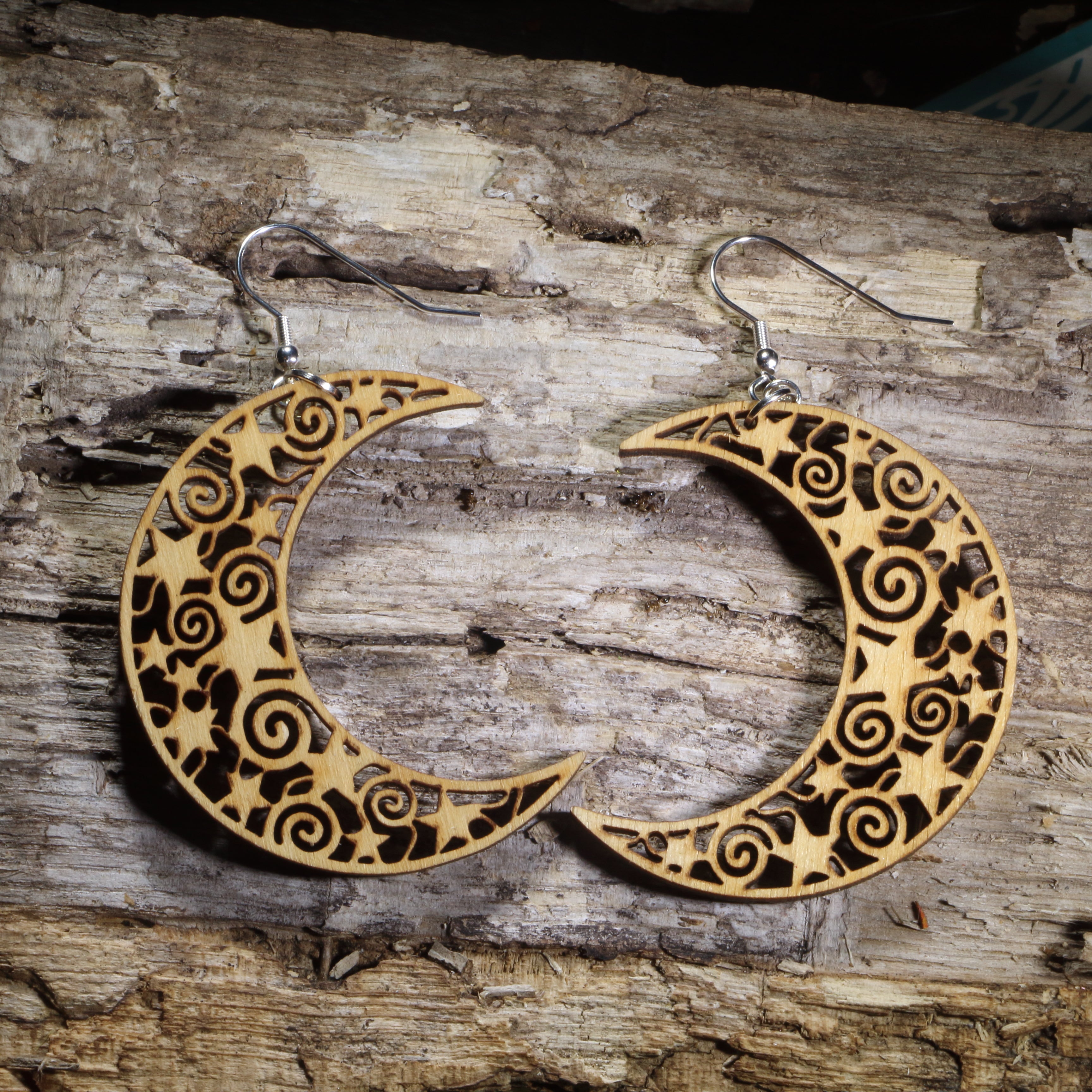 Crescent Moon Wooden Dangle Earrings | Celestial Filigree Jewelry by Cate's Concepts, LLC