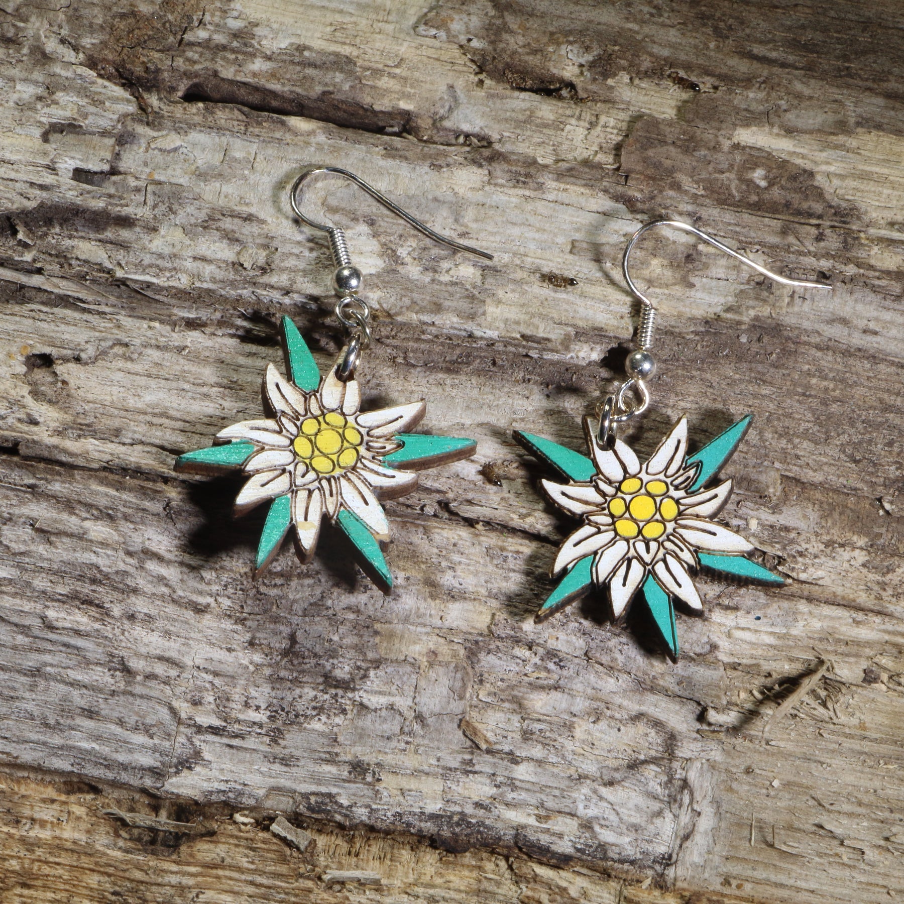 Edelweiss Flower Wooden Earrings | Alpine Floral Jewelry by Cate's Concepts, LLC