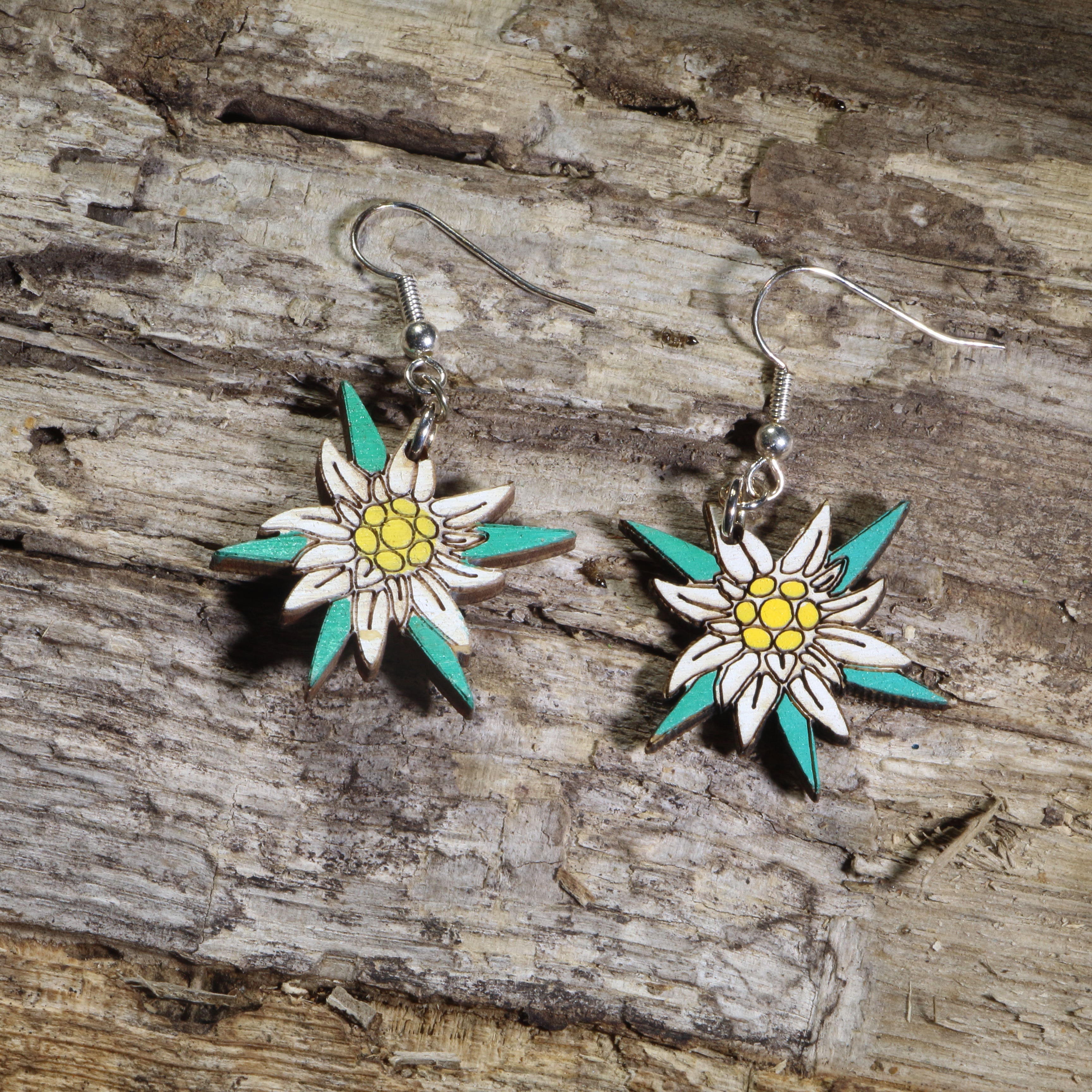 Edelweiss Flower Wooden Earrings | Alpine Floral Jewelry by Cate's Concepts, LLC