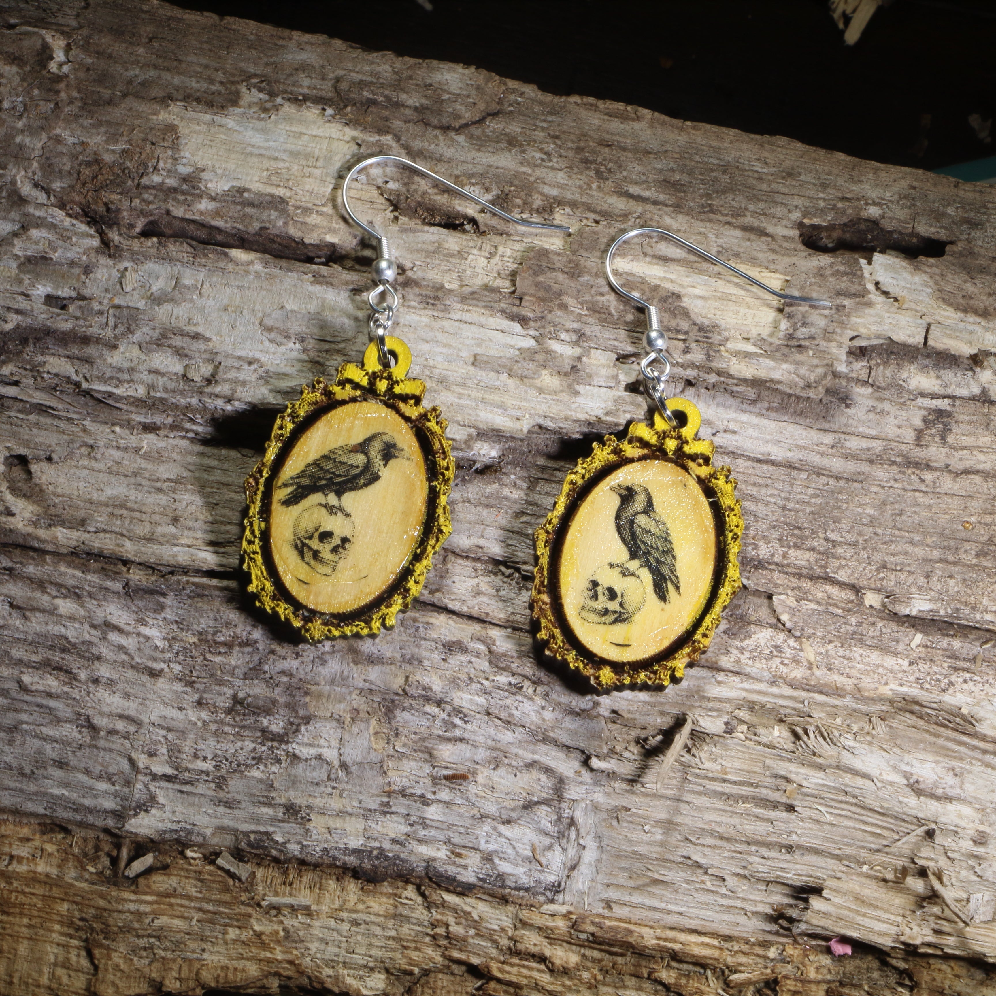 Gothic Raven Cameo Wooden Dangle Earrings | Dark Academia Jewelry by Cate's Concepts, LLC