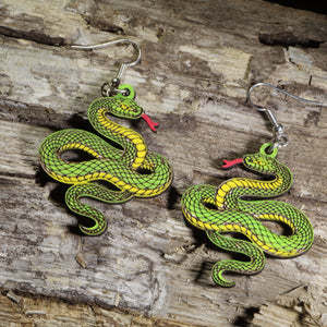 Green Snake Wooden Dangle Earrings | Reptile Nature Jewelry by Cate's Concepts, LLC