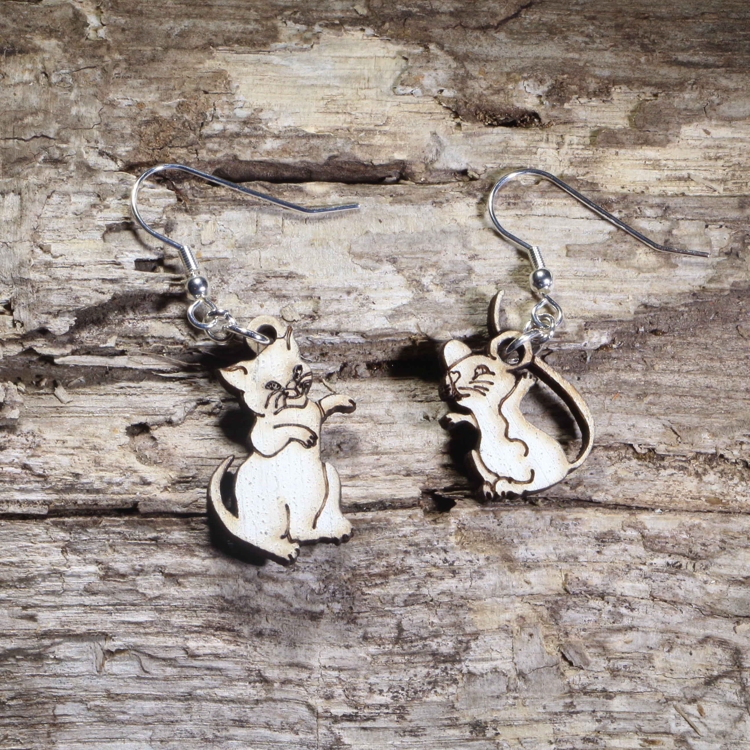 Cat and Mouse Wooden Dangle Earrings | Mismatched Animal Jewelry by Cate's Concepts, LLC