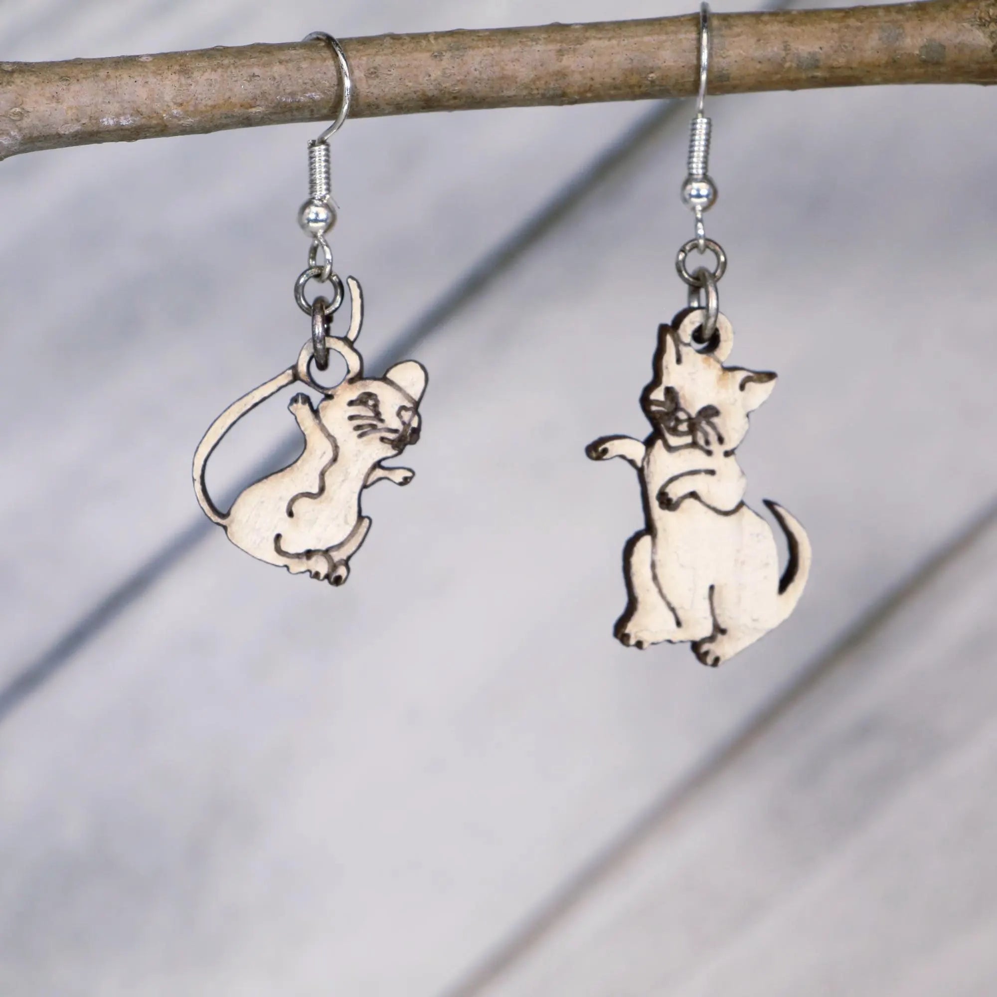 Cat and Mouse Wooden Dangle Earrings | Mismatched Animal Jewelry detail view by Cate's Concepts, LLC