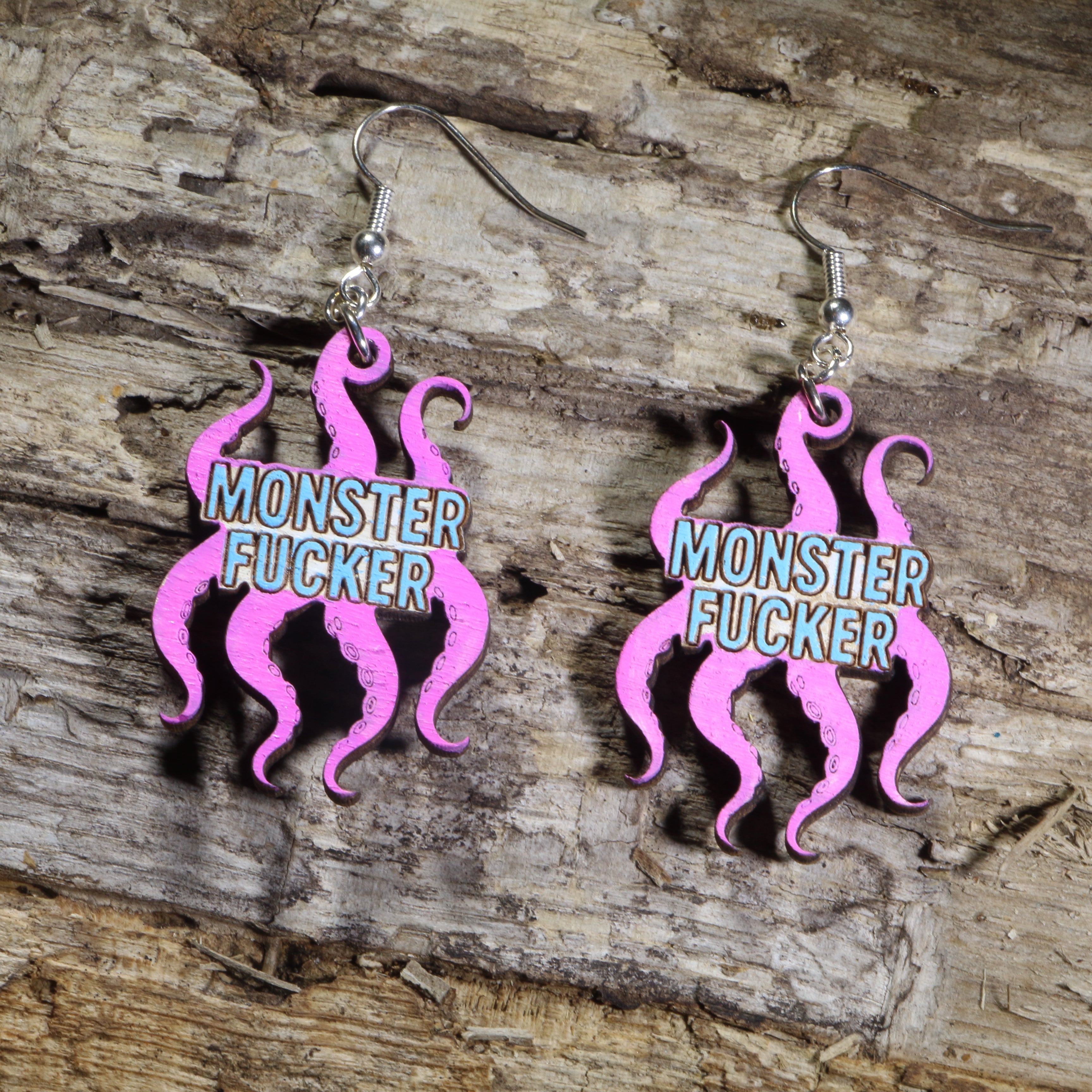 Monster Lover Wooden Earrings | Funny Fantasy Adult Humor Jewelry by Cate's Concepts, LLC