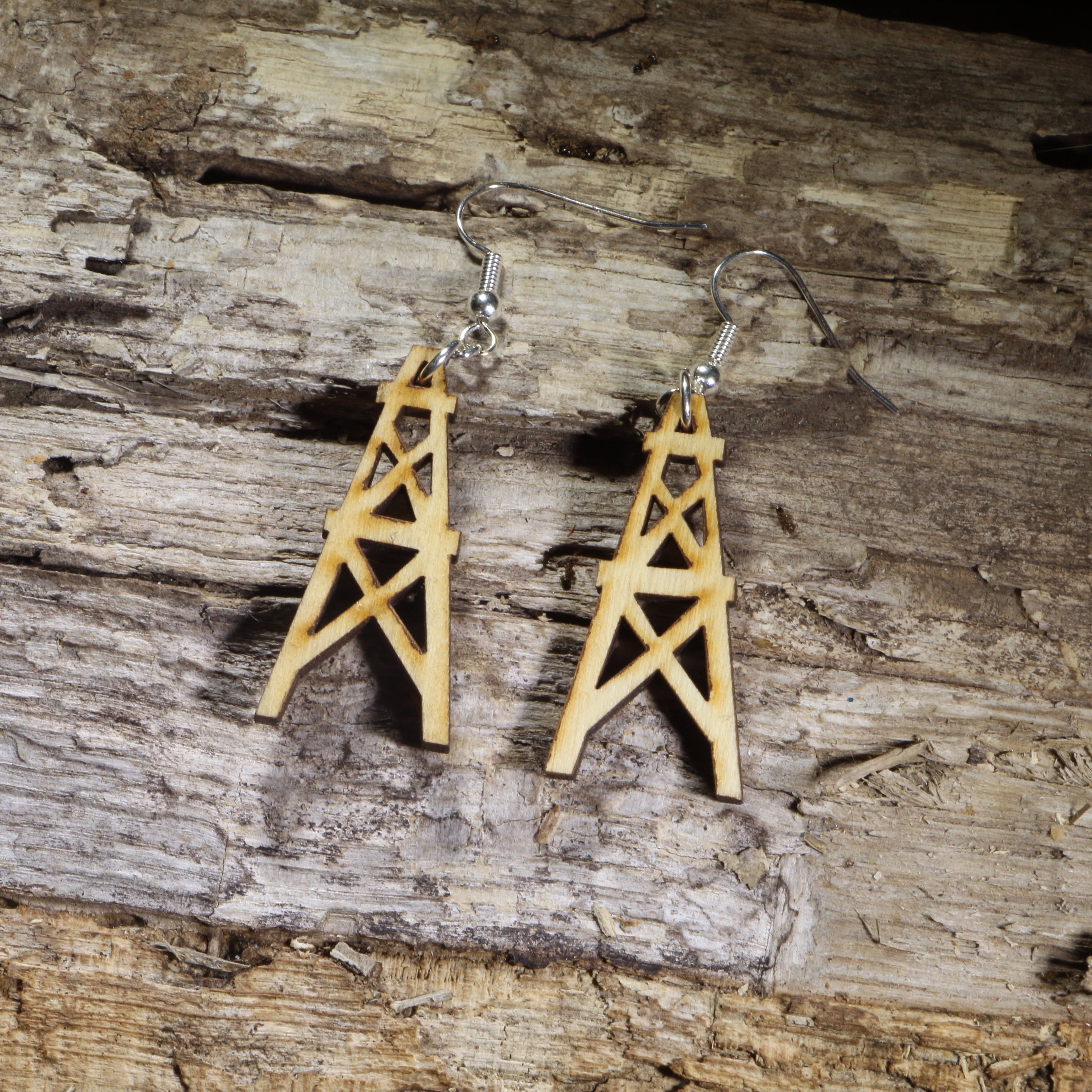 Oil Derrick Wooden Dangle Earrings | Oilfield Industrial Jewelry by Cate's Concepts, LLC