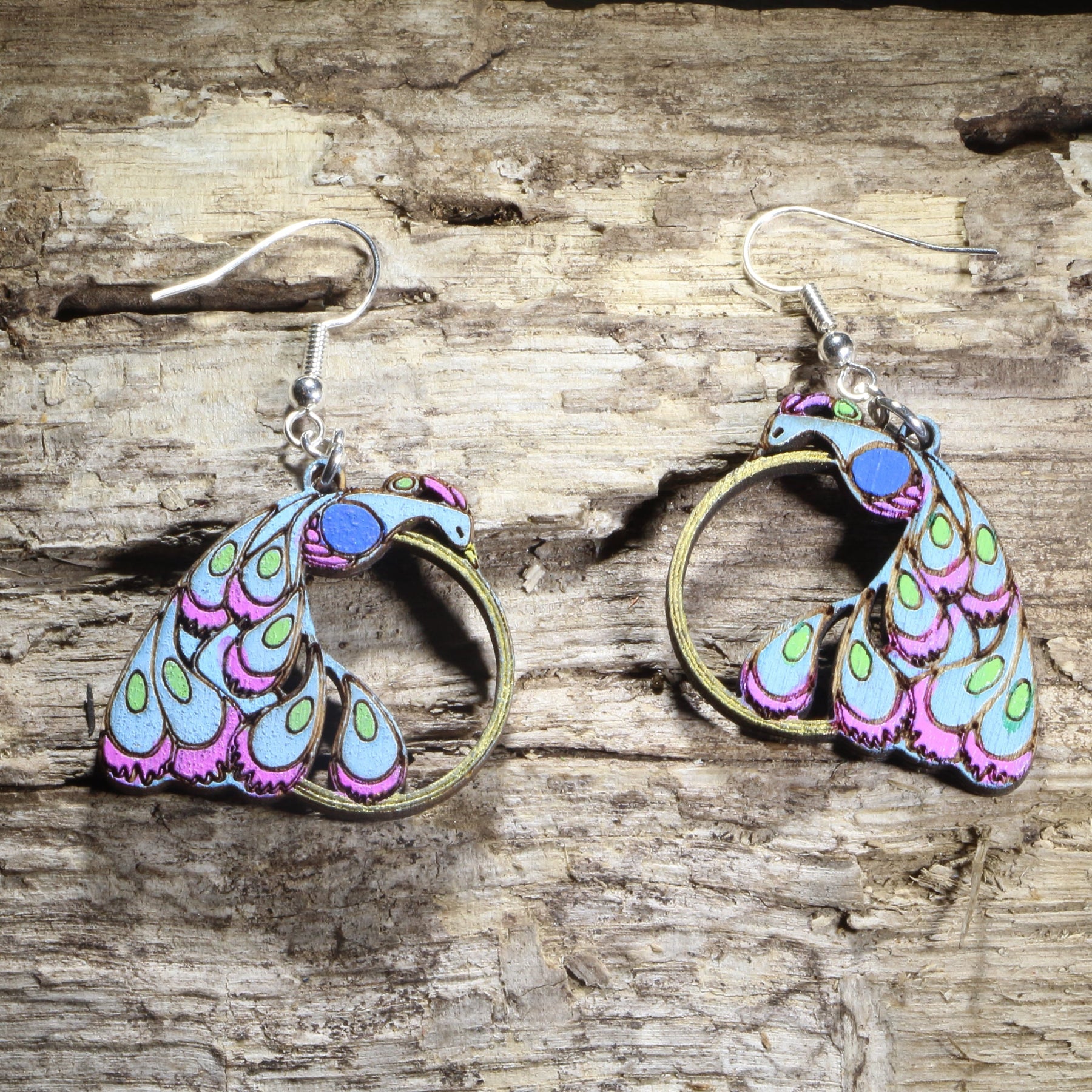 Peacock Wooden Earrings | Boho Bird Gold Ring Jewelry by Cate's Concepts, LLC