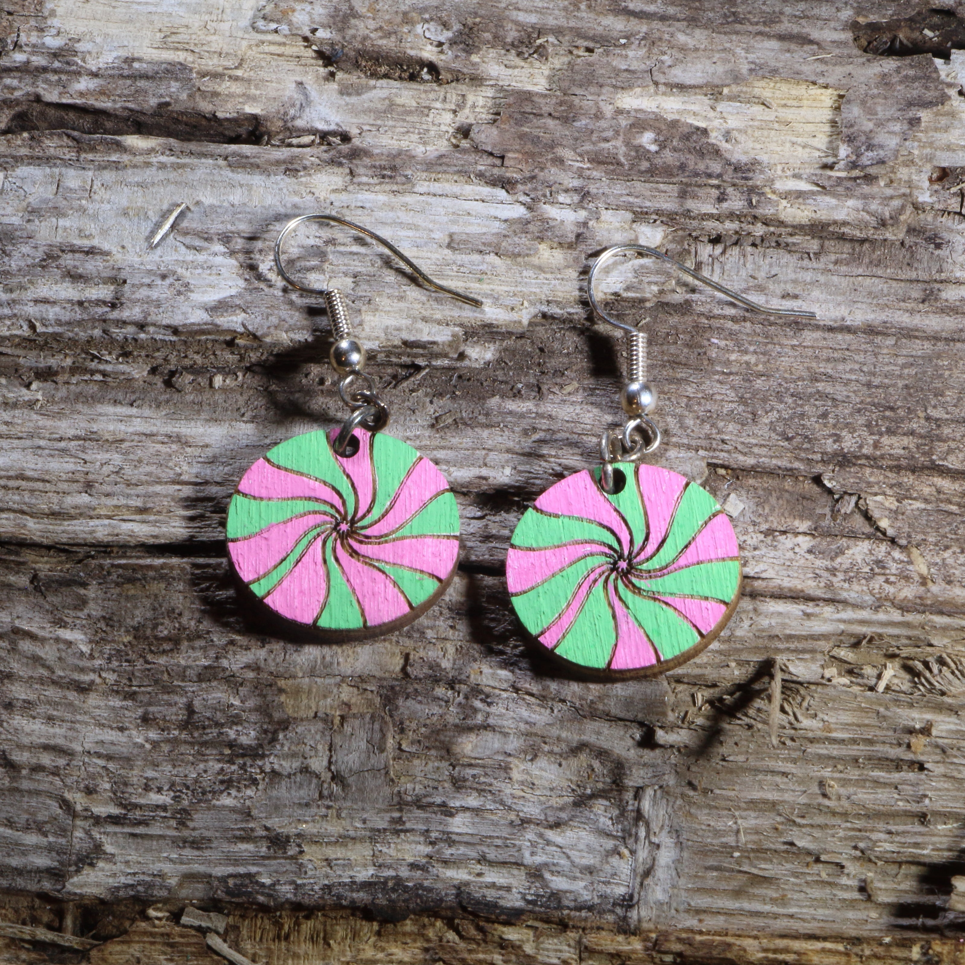 Pink & Green Peppermint Wooden Dangle Earrings | Christmas Candy Jewelry by Cate's Concepts, LLC