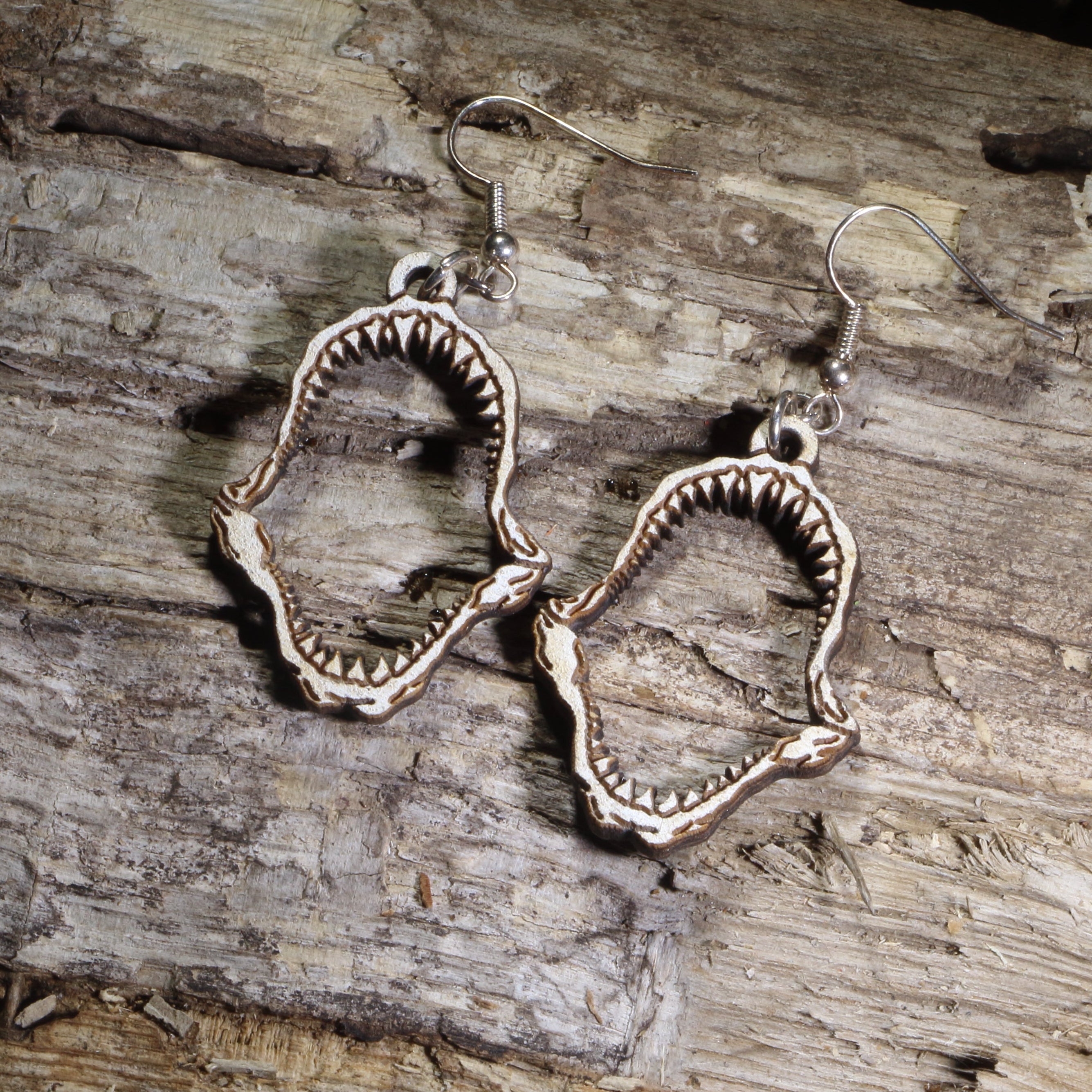 Shark Tooth Jaw Wooden Dangle Earrings | Ocean Predator Jewelry by Cate's Concepts, LLC