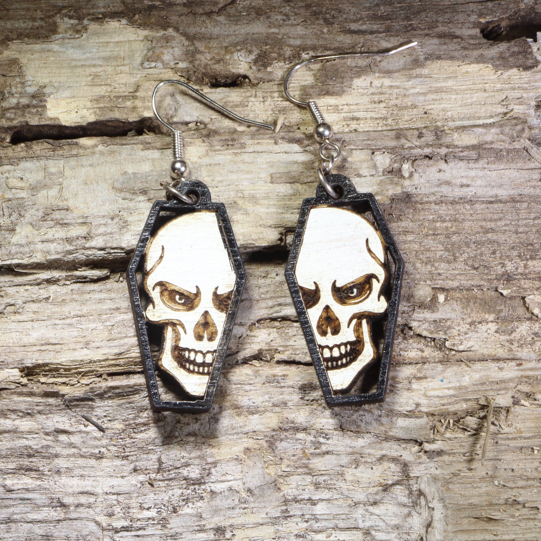 Skull Coffin Wooden Dangle Earrings | Gothic Halloween Jewelry by Cate's Concepts, LLC
