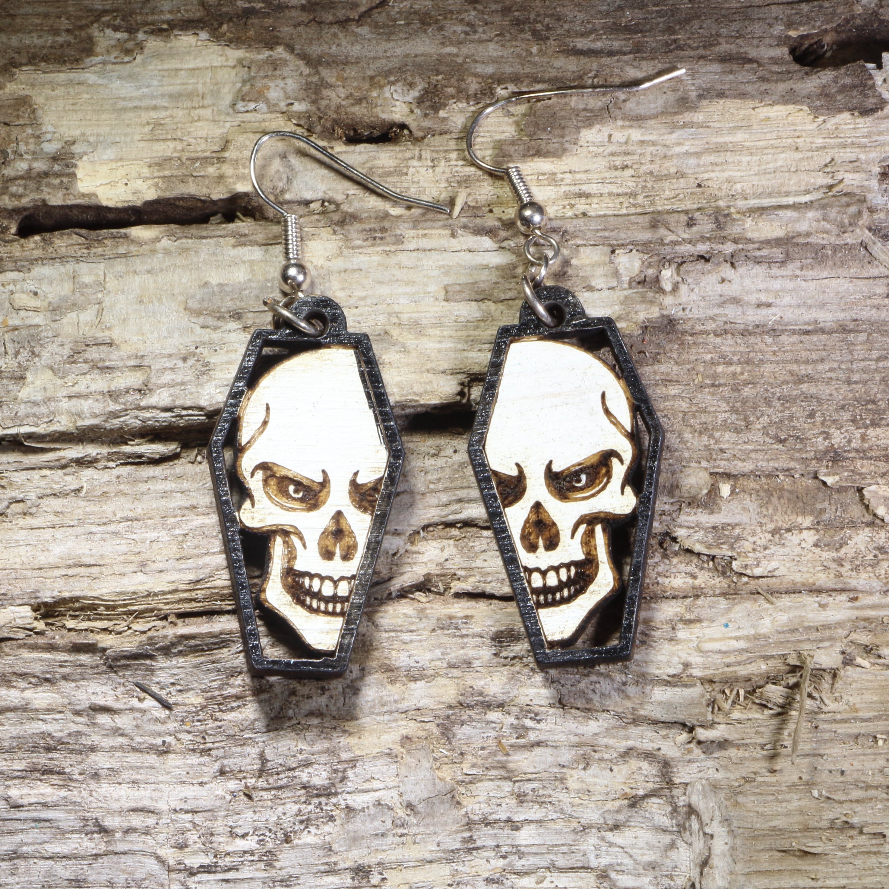Skull Coffin Wooden Dangle Earrings | Gothic Halloween Jewelry by Cate's Concepts, LLC