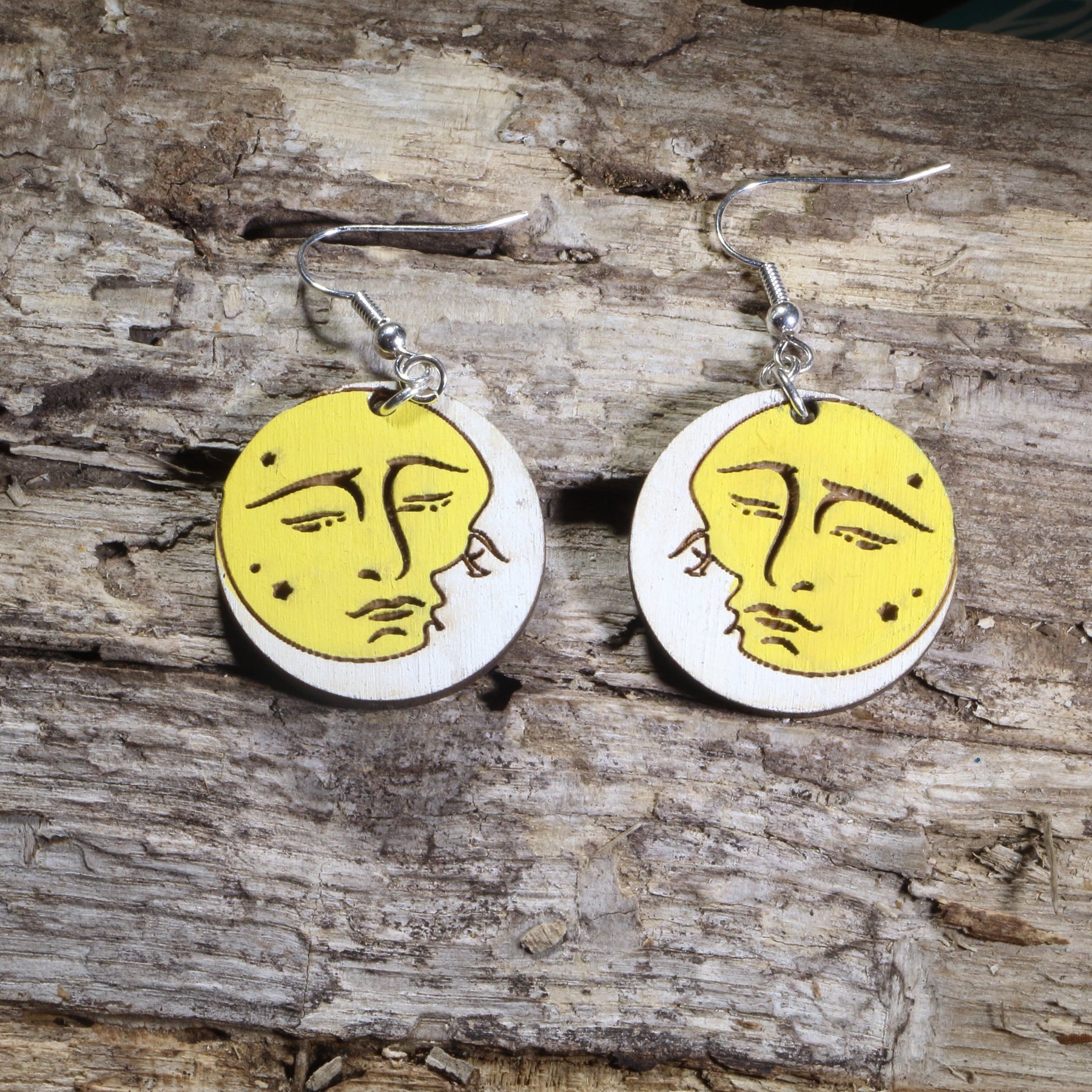 Sun and Moon Wooden Dangle Earrings | Celestial Yin Yang Jewelry by Cate's Concepts, LLC