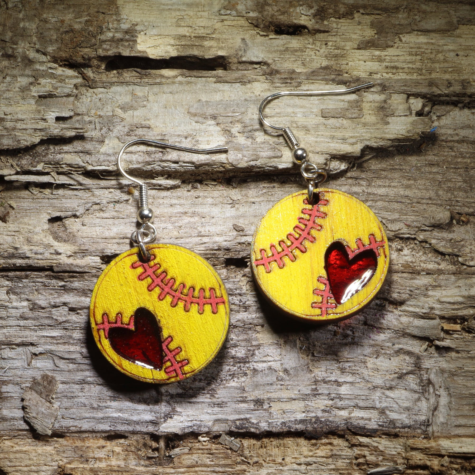 Softball Heart Wood Resin Earrings | Softball Mom Sports Jewelry