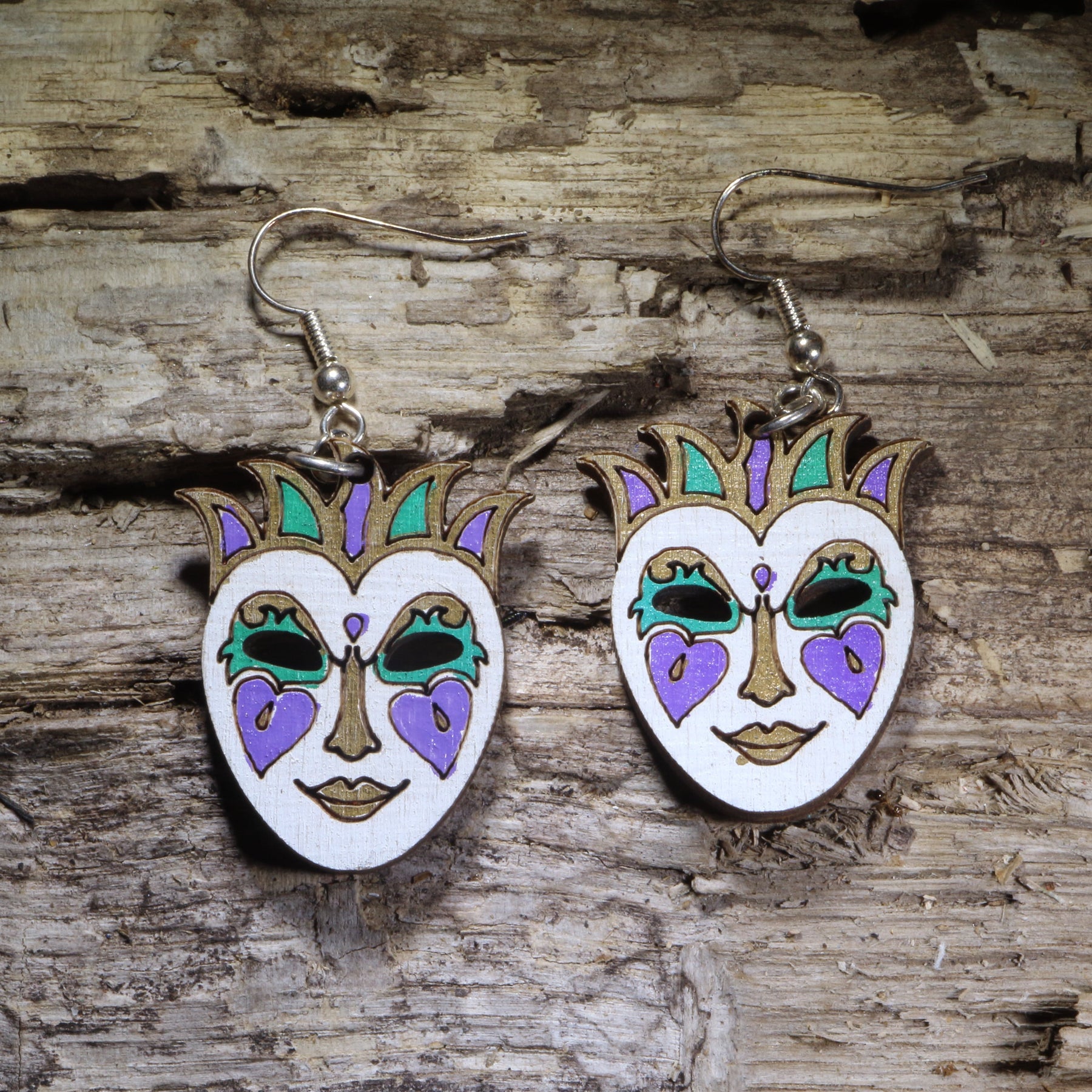 Mardi Gras Mask Wooden Earrings | New Orleans Carnival Jewelry by Cate's Concepts, LLC