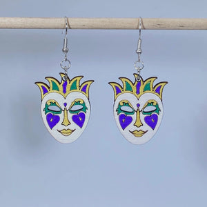 Mardi Gras Mask Wooden Earrings | New Orleans Carnival Jewelry detail view by Cate's Concepts, LLC