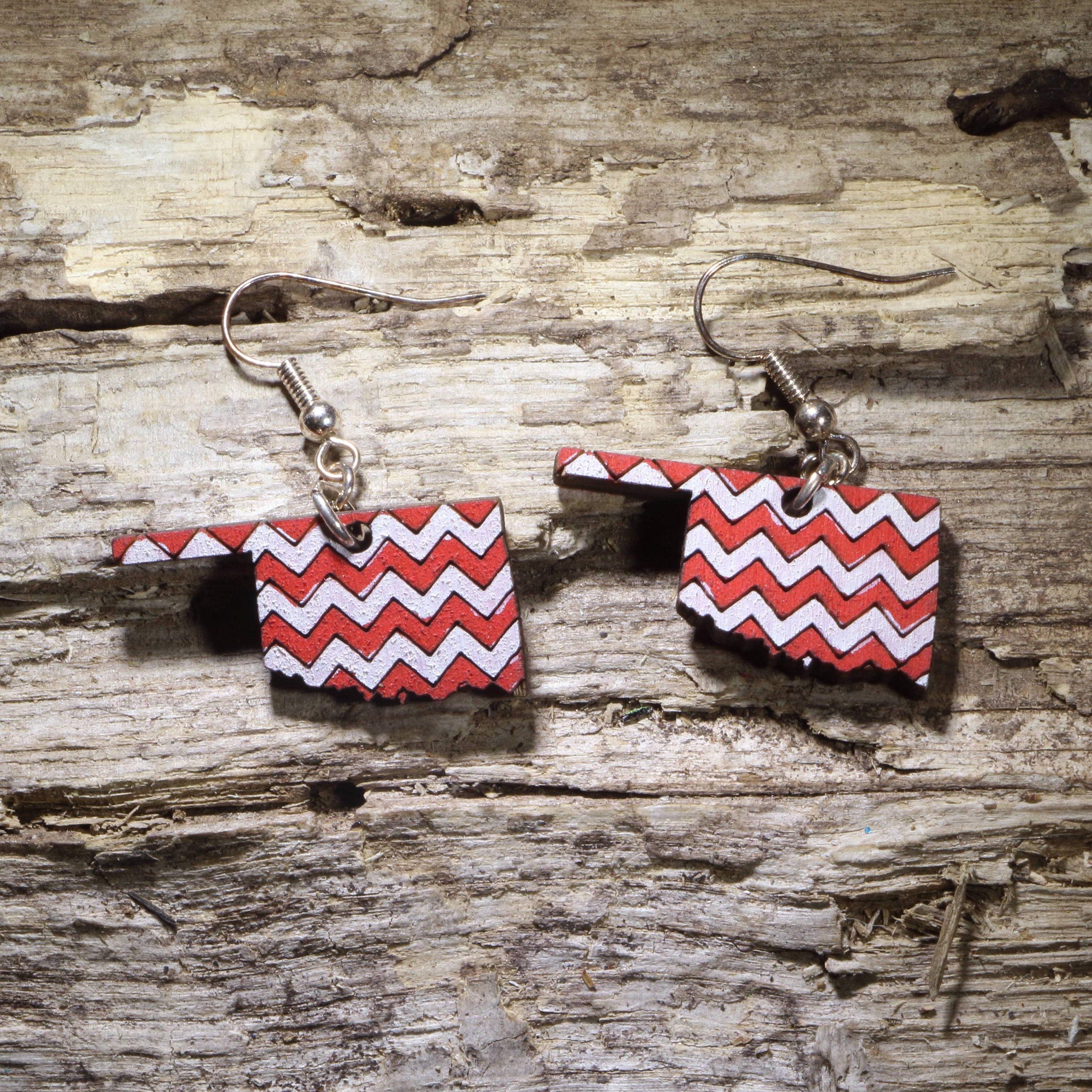 Oklahoma Chevron Wooden Dangle Earrings | Red White State Jewelry by Cate's Concepts, LLC