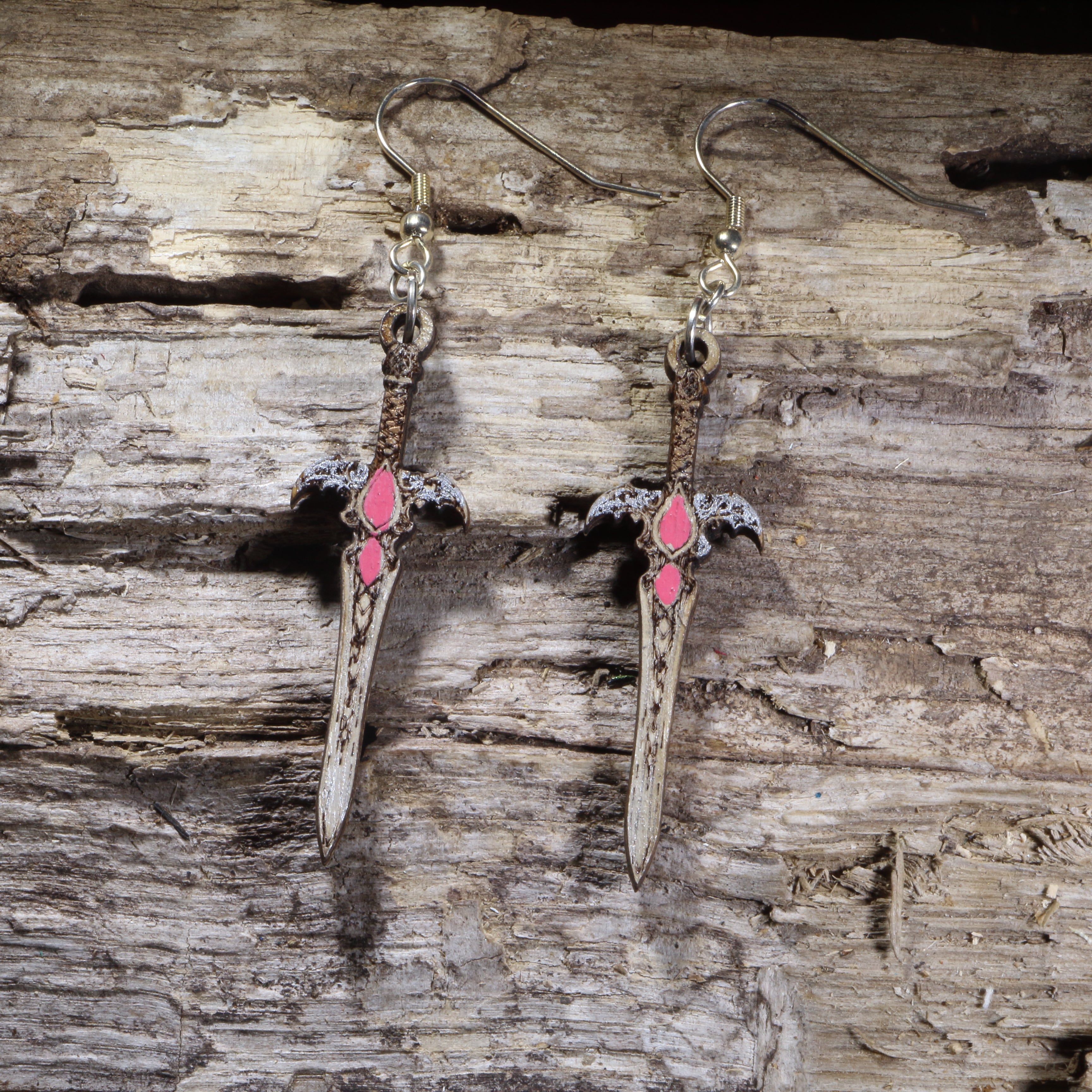 Gothic Sword Wooden Dangle Earrings | Dark Fantasy Jewelry by Cate's Concepts, LLC