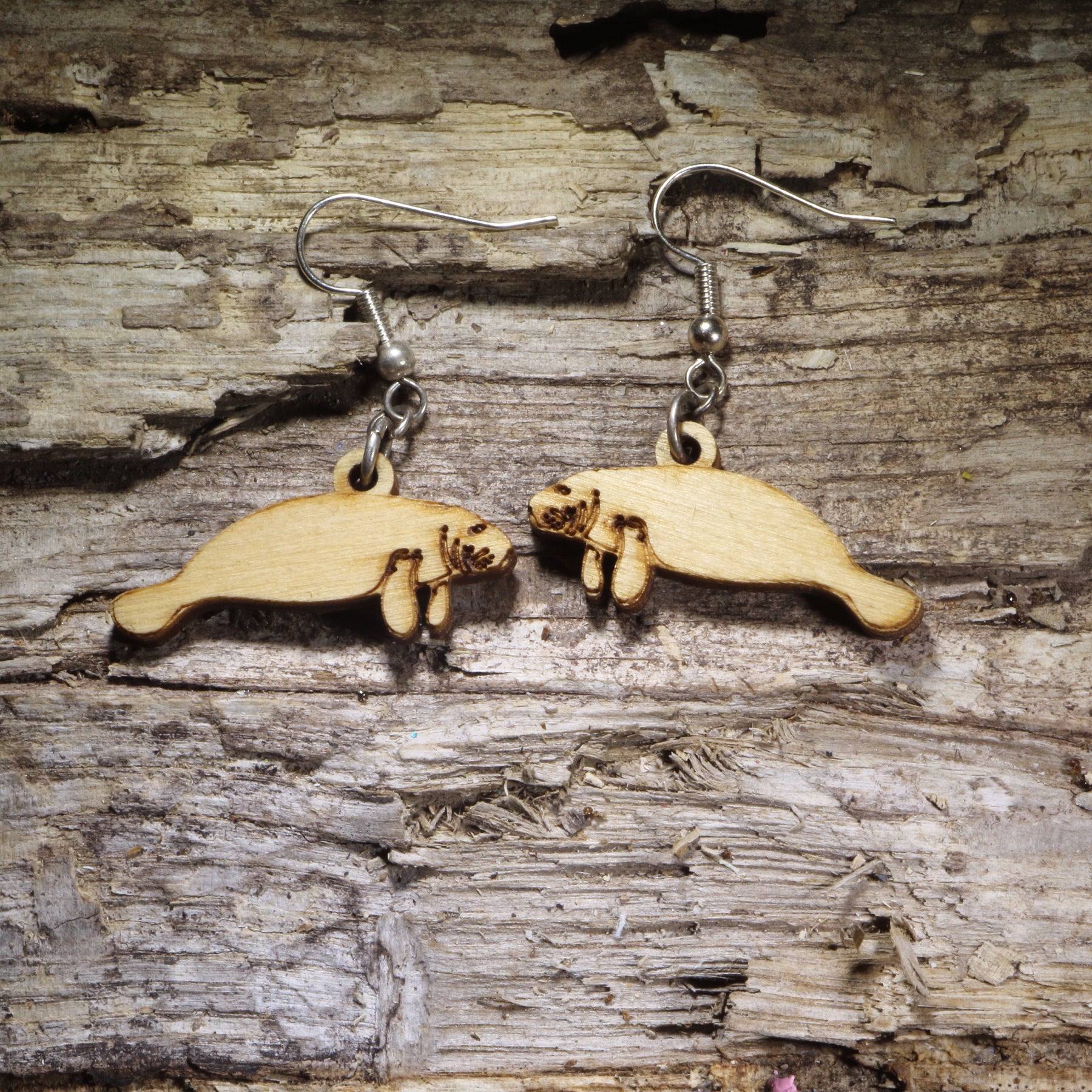 Manatee Wooden Dangle Earrings | Realistic Sea Life Jewelry by Cate's Concepts, LLC