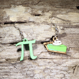 Pi and Pie Wooden Earrings | Math Pun Nerd Food Jewelry detail view by Cate's Concepts, LLC
